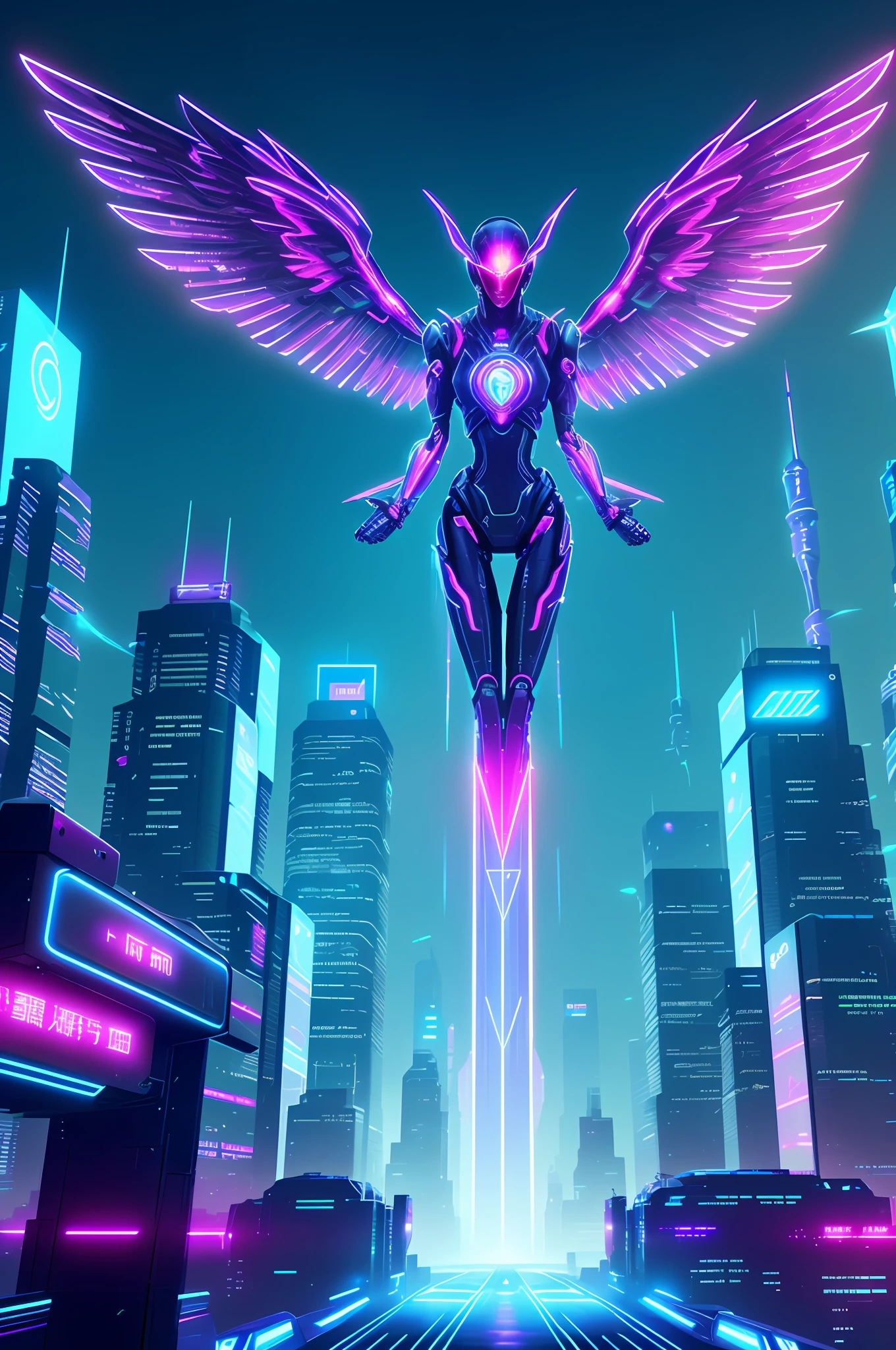 Artificial intelligence, Cyberspace, in a futuristic city (city of artificial intelligences), artificial intelligence codes, strong winged lights, with expensive flying neon colors