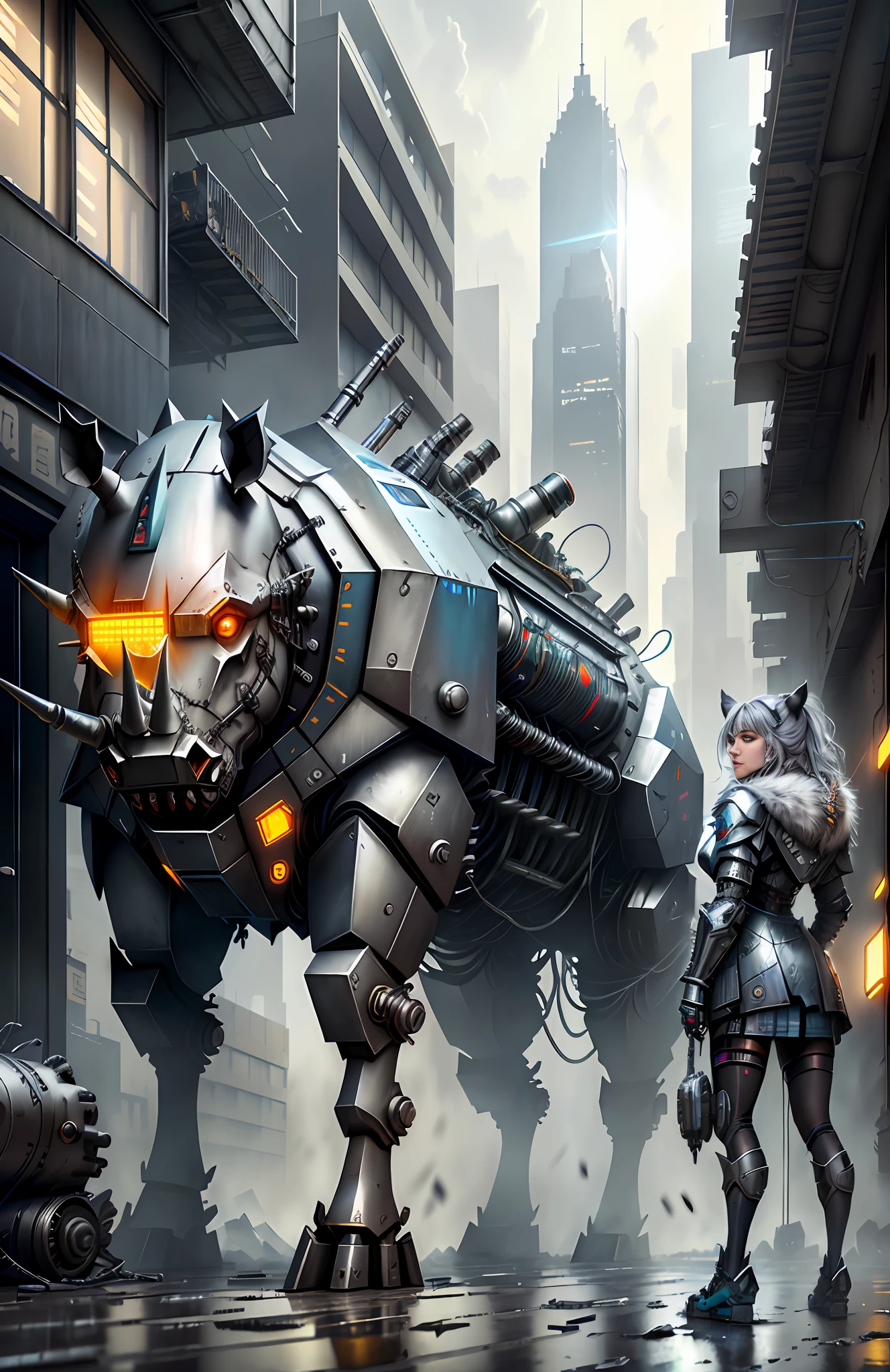 rhinoceros in cyber silver armor, on abandoned building, messy floor, cyberpunk technology, cables jaunting, lens flare, by Mathias Kollros, by Julia Pishtar, modeling photography, olivia de bernardinis, by steven belledin, alina ivanchenko, night raining, wet street