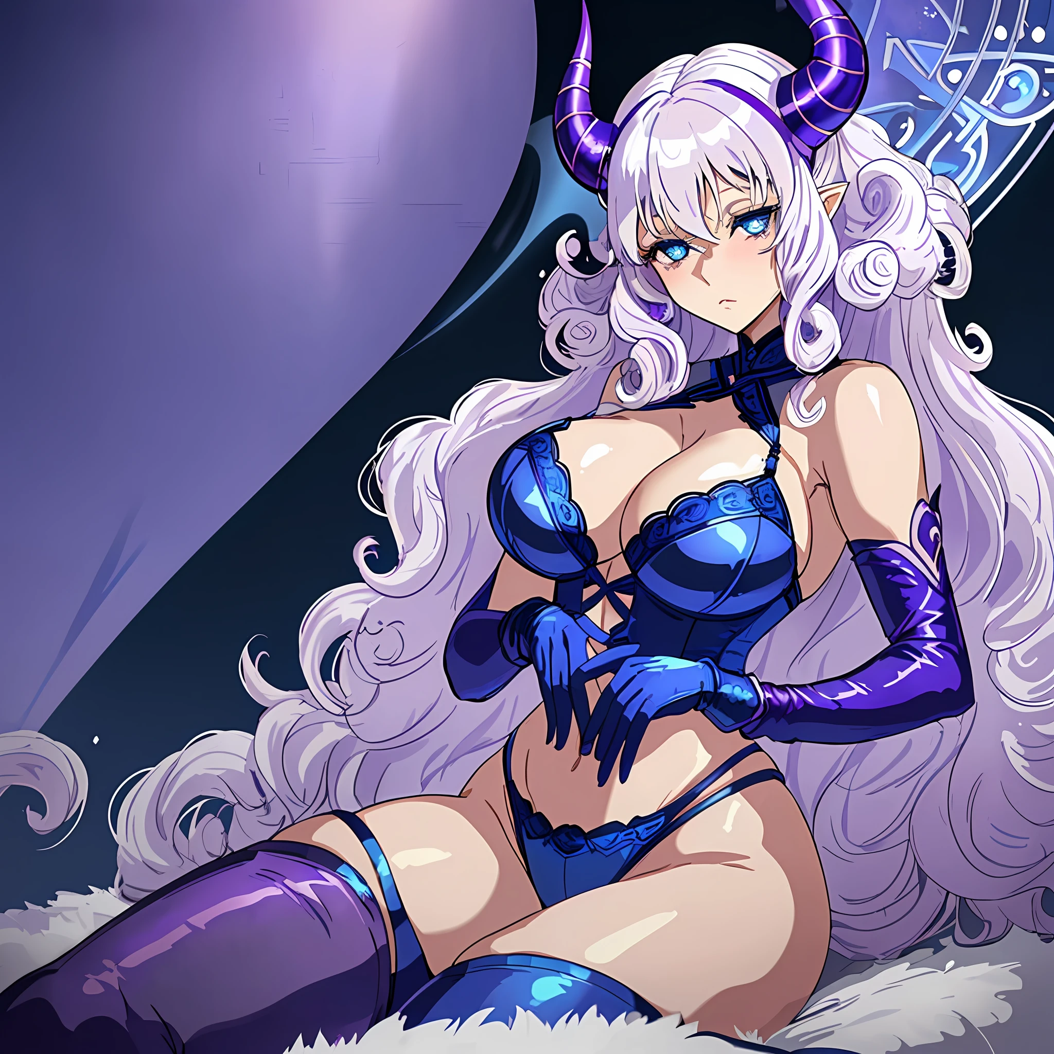 (( purple lingerie, mujer, curly white hair, blue eyes, curving blue horns, sexy blue long gloves )), tall, level up, ( sexy soft light: 1.5 ), (1girl), (naughty expression), (alone), stunning