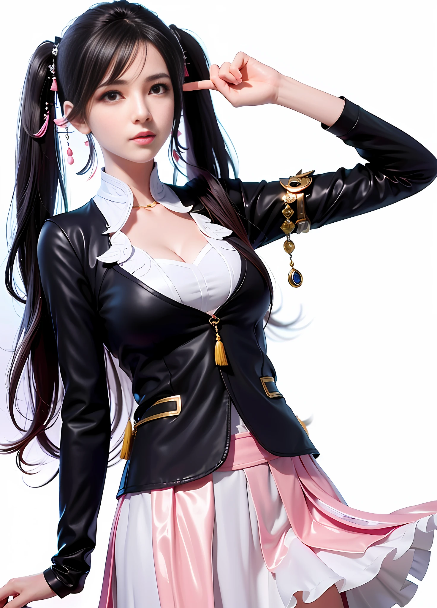 arafed asian woman in a black and white top and pink skirt, anime girl cosplay, full body xianxia, anime cosplay, wearing a black noble suit, irelia, cosplay, seductive tifa lockhart portrait, trending at cgstation, tifa lockhart, tifa lockheart, anya from spy x family, tifa, jia