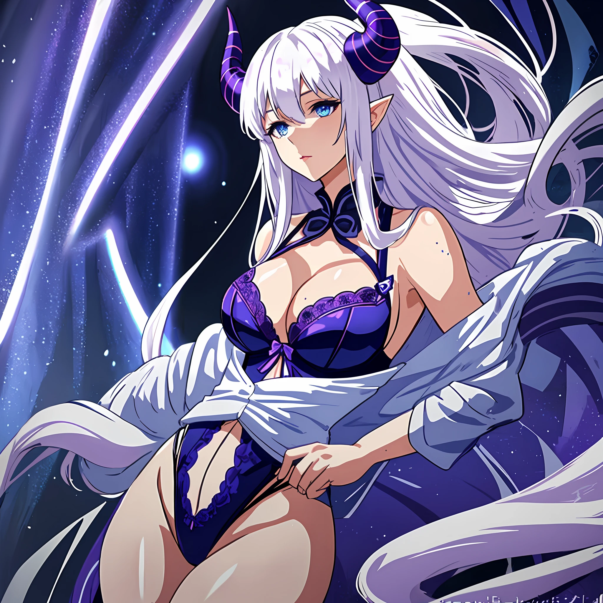 sexy purple lingerie Woman, curled white hair, blue eyes, blue curved horns, tall, alone, erotic, wet, big chest