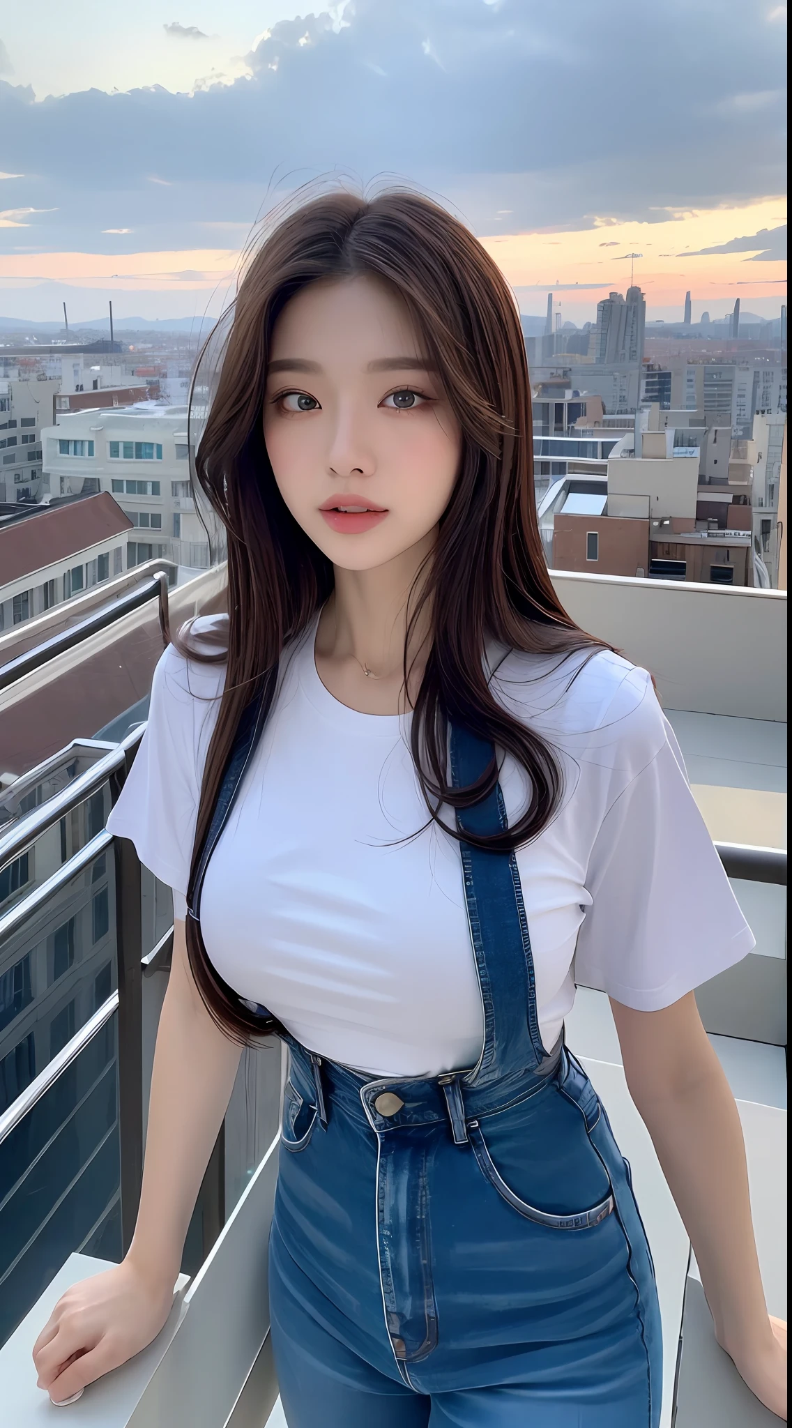 ((Midnight, Best quality, 8k, Masterpiece :1.3)), Whole body, Long legs, Sharp focus :1.2, A pretty woman with perfect figure :1.4, Slender abs :1.1, ((Dark brown hair, Big breasts :1.2)), (White tight tshirt, Jean bib, Standing:1.2), ((Night city view, Rooftop:1.3)), Highly detailed face and skin texture, Detailed eyes, Double eyelid