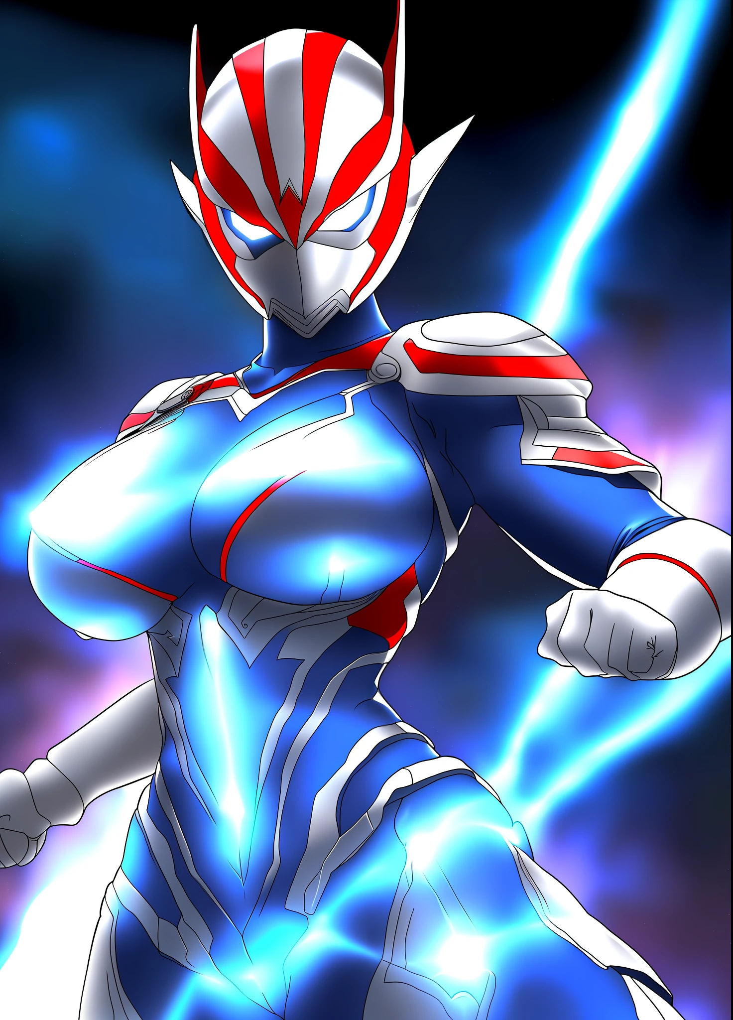 Full Body, 1 giant female in Ninja/Ultraman suit, huge breasts, ultraman helmet mask, facing viewer, no hair, clenched fists, fists up, bright blue circular jewel on her chest, in fighting stance, she has thunder around from your body, you are in a destroyed city with small ships circling around, anime, 16k, UHD, ccurate, anatomically correct, masterpiece, highres, best quality, award winning, high details