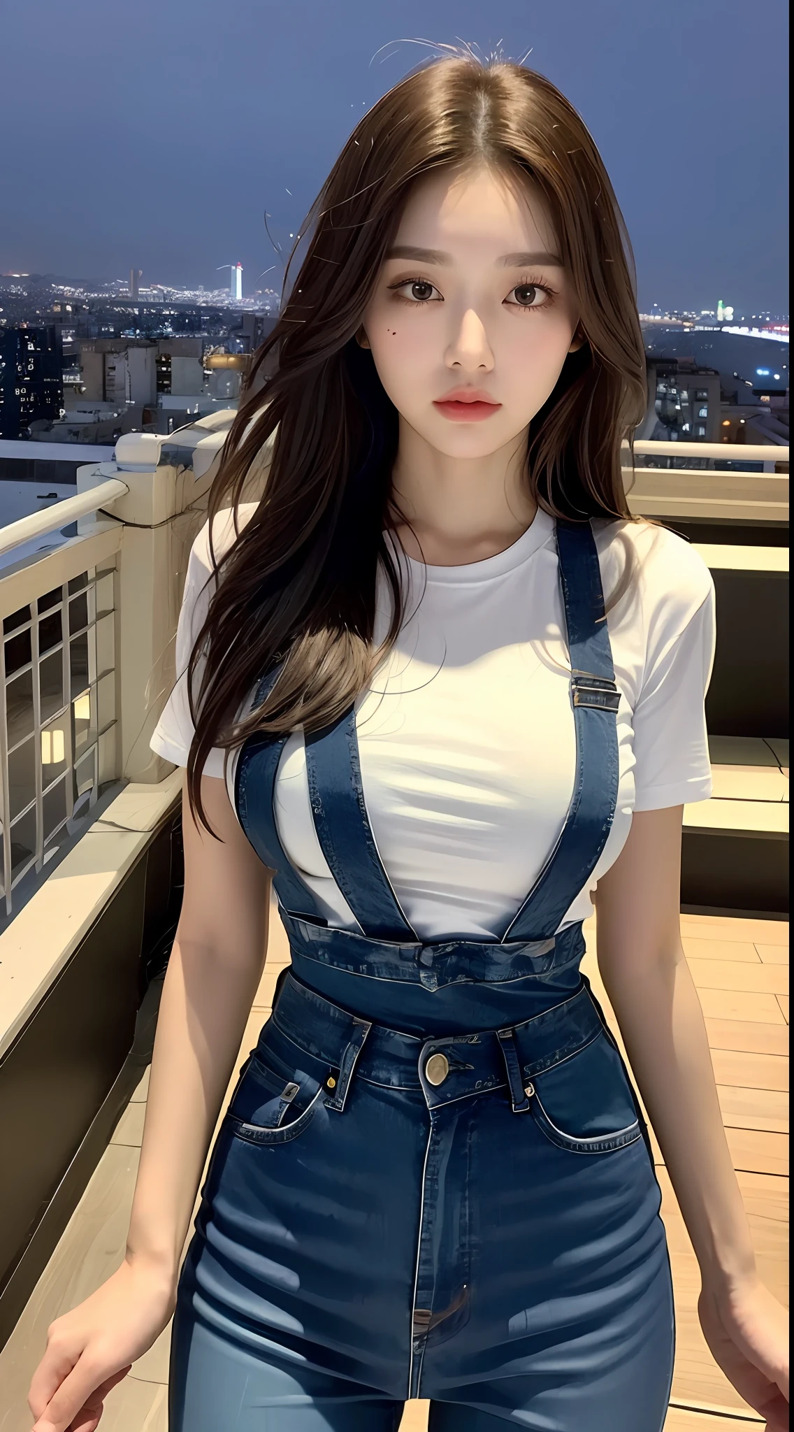 ((Midnight, Best quality, 8k, Masterpiece :1.3)), Whole body, Long legs, Sharp focus :1.2, A pretty woman with perfect figure :1.4, Slender abs :1.1, ((Dark brown hair, Big breasts :1.2)), (White tight tshirt, Jean bib, Standing:1.2), ((Night city view, Rooftop:1.3)), Highly detailed face and skin texture, Detailed eyes, Double eyelid