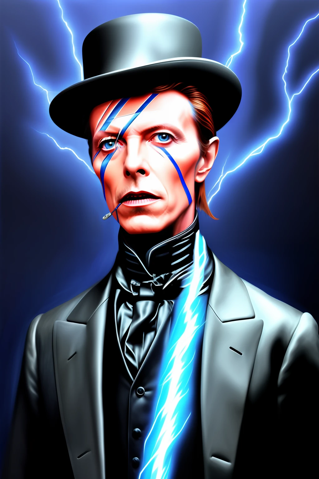 david bowie as victorian nikola tesla, Lightning, Hyperrealism, Realistic, hyperdetailed, Digital painting