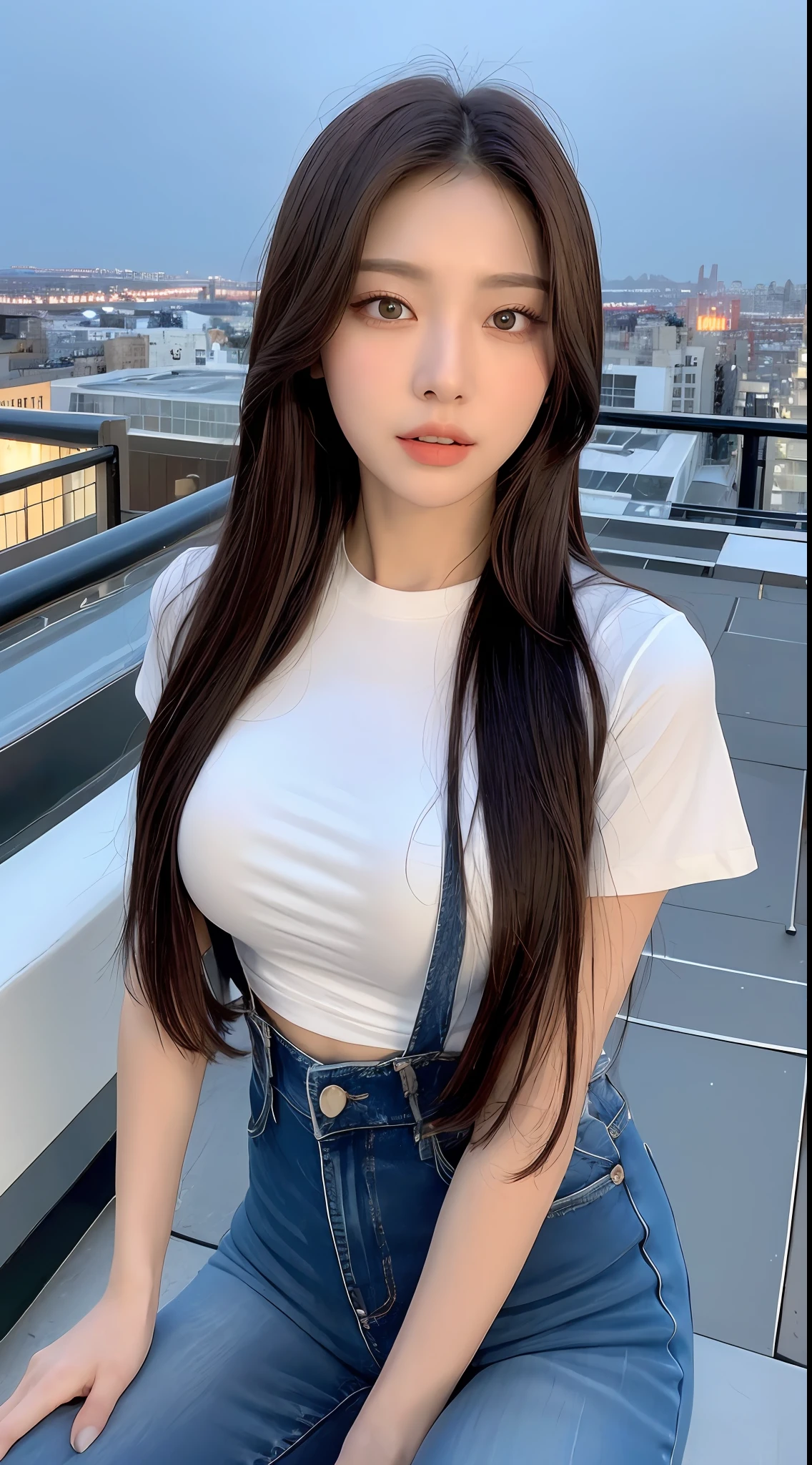((Midnight, Best quality, 8k, Masterpiece :1.3)), Whole body, Long legs, Sharp focus :1.2, A pretty woman with perfect figure :1.4, Slender abs :1.1, ((Dark brown hair, Big breasts :1.2)), (White tight tshirt, Jean bib, Standing:1.2), ((Night city view, Rooftop:1.3)), Highly detailed face and skin texture, Detailed eyes, Double eyelid