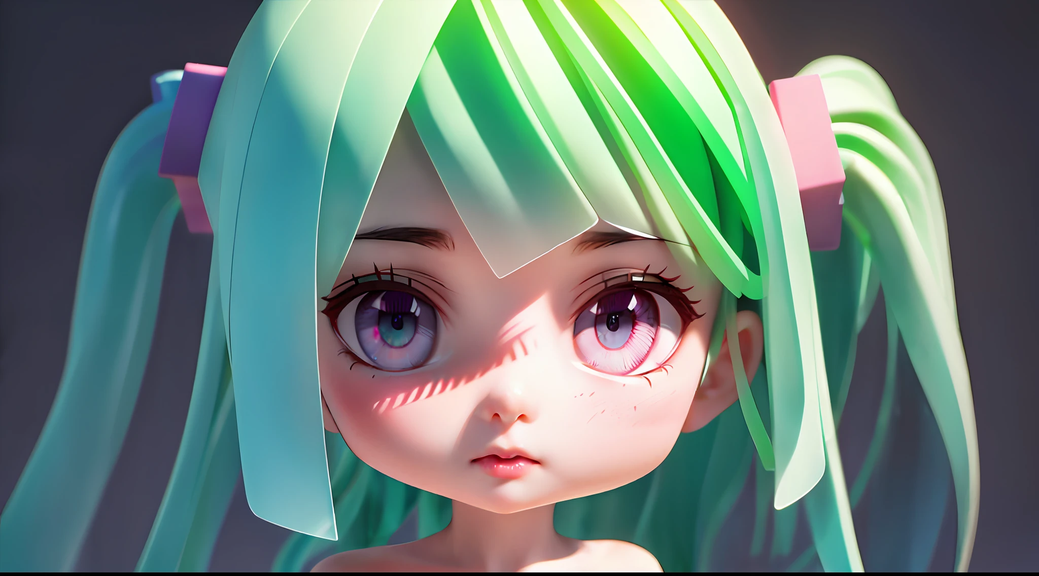 (Full Body), Center Screen, Realistic Texture, Detailed Light, Delicate Shadow, Exaggerated Hair, Little Girl, Beautiful Eyes, Big Eyes with Pink Green Gradient, Chip, Translucent Fluorescent, Colorful, Delicate 3D Light, Digital Art, Translucent Plastic Gum , Close Up, 3D, Purple Gadgets super detail, generator front view, side view, 3 view rear view, frameless, c4d, octane display, blender, hd, full, plastic material profile,