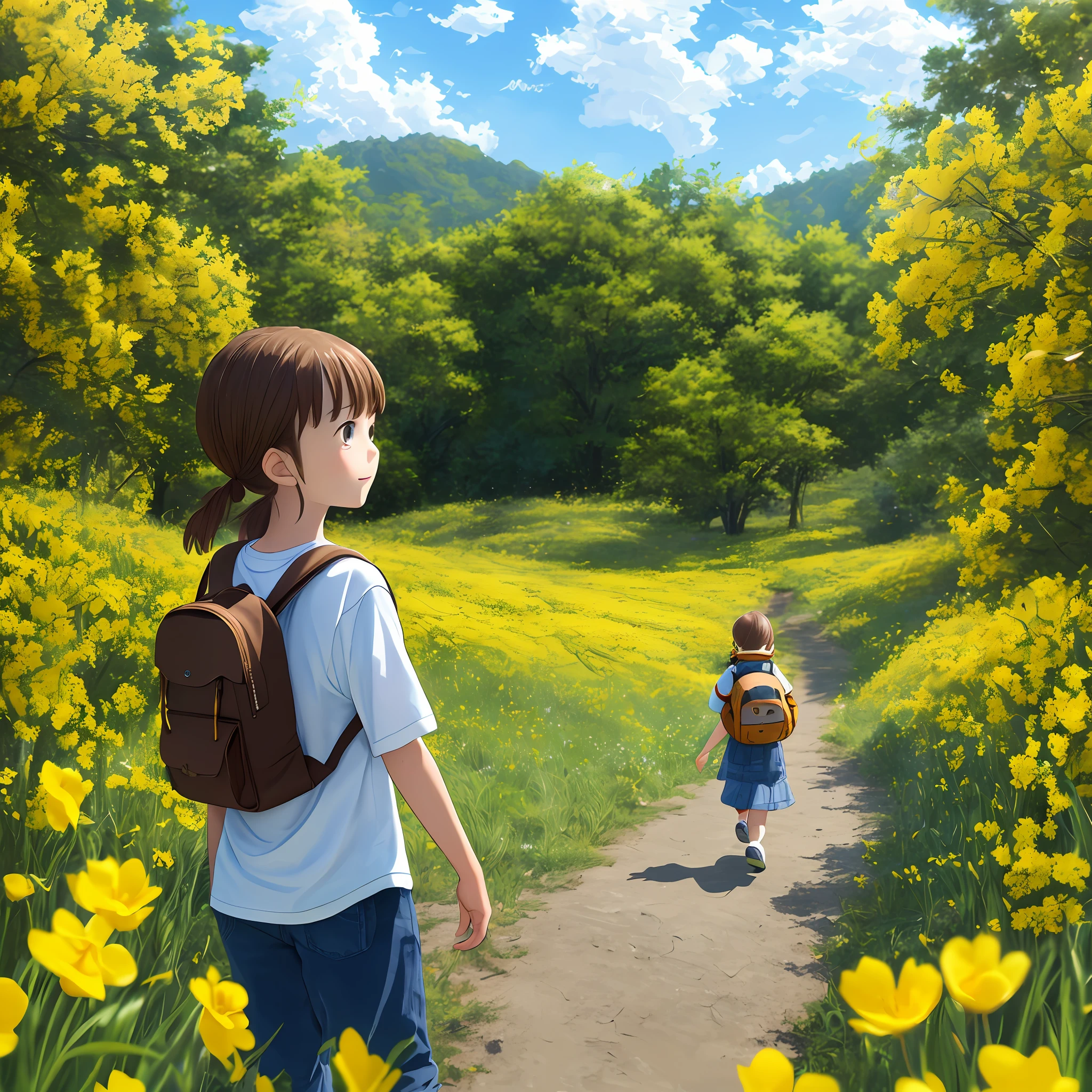 An incredibly charming  girl carrying a backpack, ((1girl)), accompanied by her adorable puppy, enjoying a lovely spring outing surrounded by beautiful yellow flowers and natural scenery, brown hair, Hyperrealism, anime style, Pixar, depth of field, backlighting, framed, cropped, perspective, atmospheric perspective, Sony FE, f/16, UHD, retina, masterpiece, super detail, high details, high quality, best quality, highres, 16k