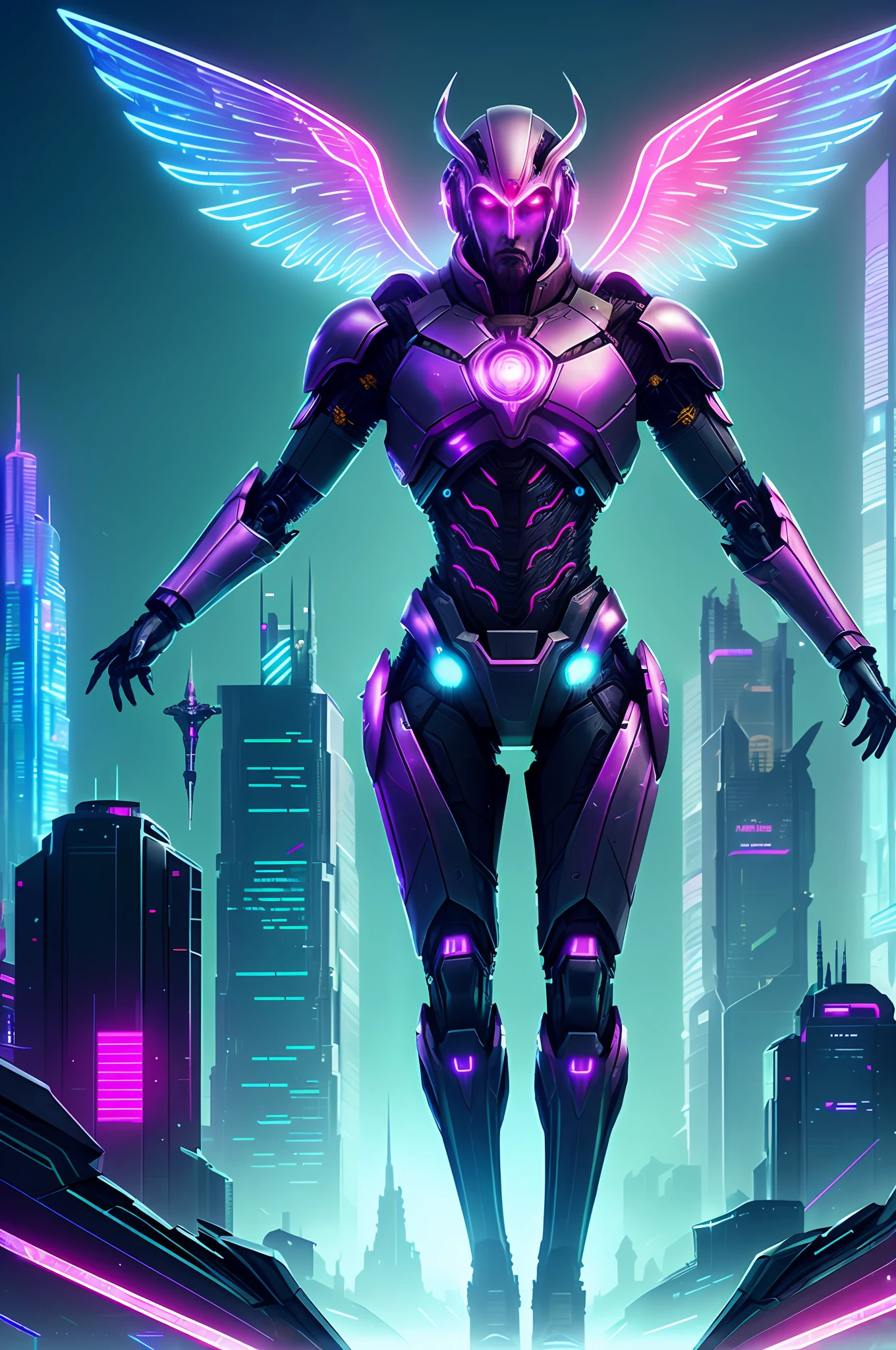 God (King) Artificial intelligence, with bright crown, Cyberspace, in a futuristic city (city of artificial intelligences), artificial intelligence codes, strong winged lights, with expensive flying neon colors