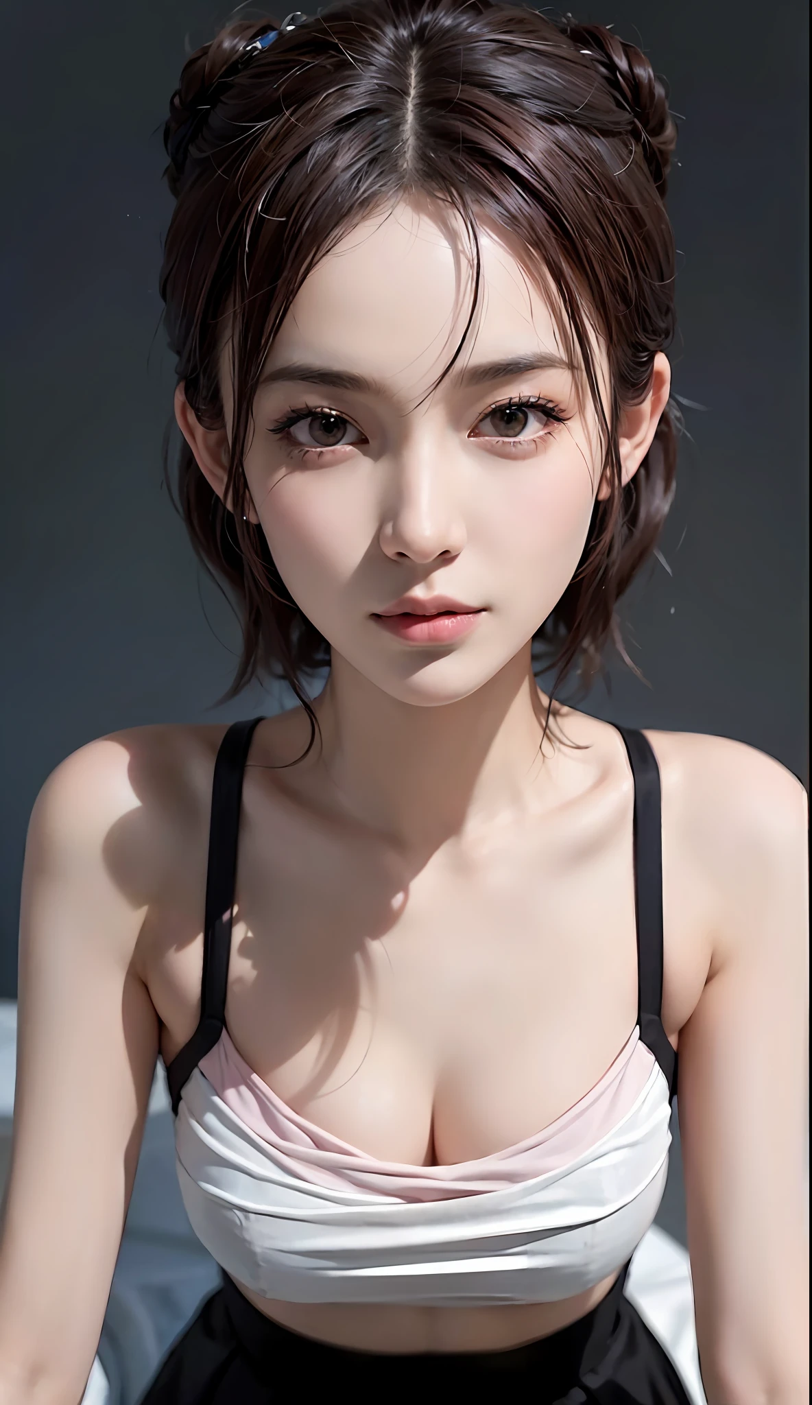 (RAW photo, best quality), (realistic, photo-realistic:1.3), best quality ,masterpiece, an extremely delicate and beautiful, extremely detailed ,CG ,unity ,2k wallpaper, Amazing, finely detail, masterpiece, light smile, best quality, extremely detailed CG unity 8k wallpaper, huge filesize , ultra-detailed, highres, extremely detailed, 1girl, slim body, small breasts, (black leotard top:0.7), (pink skirt:1.2), (bun hair), (brown hair), looking at looking at viewer, sharp focus, face close-up, nsfw,,,, pureerosface_v1:0.8 short hair,