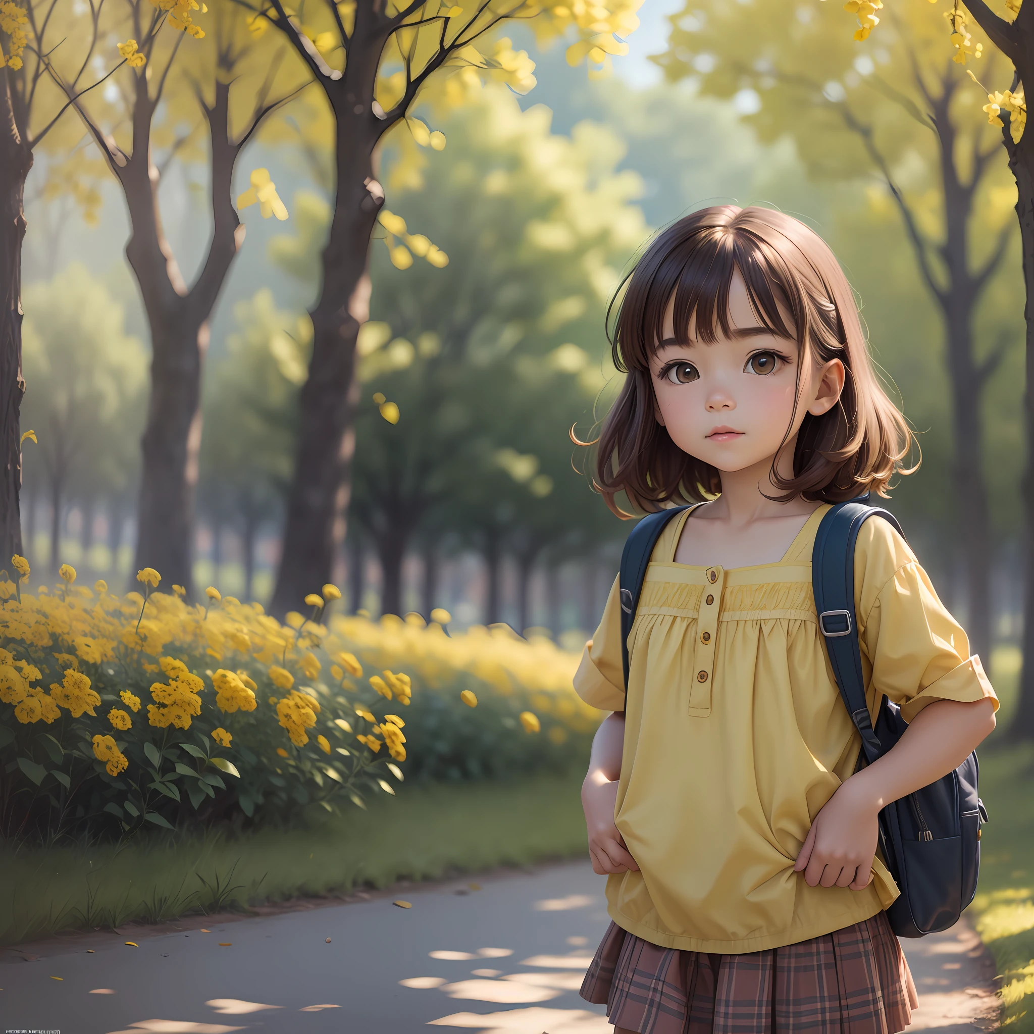 An incredibly charming carrying a backpack, ((1girl)), enjoying a lovely spring outing surrounded by beautiful yellow flowers and natural scenery, brown hair, Hyperrealism, anime style, Pixar, depth of field, backlighting, framed, cropped, perspective, atmospheric perspective, Sony FE, f/16, UHD, retina, masterpiece, super detail, high details, high quality, best quality, highres, 16k