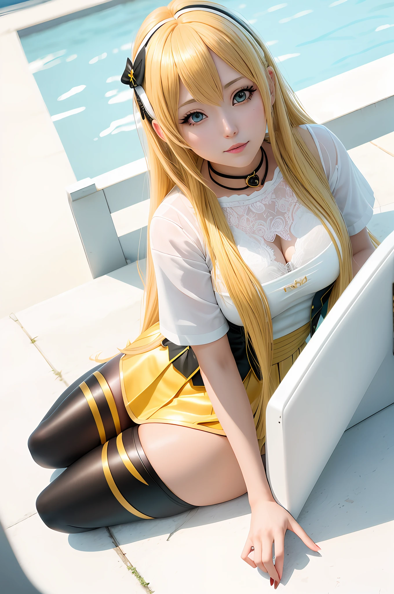 blond haired woman with long yellow hair sitting on a white surface, anime girl cosplay, misa amane *, rin, misa amane, senna from league of legends, cosplay photo, ayaka cosplay, cosplay, inspired by Yang J, anime cosplay, nami from one piece, asuna from sao, shiny golden, captured on canon eos r 6