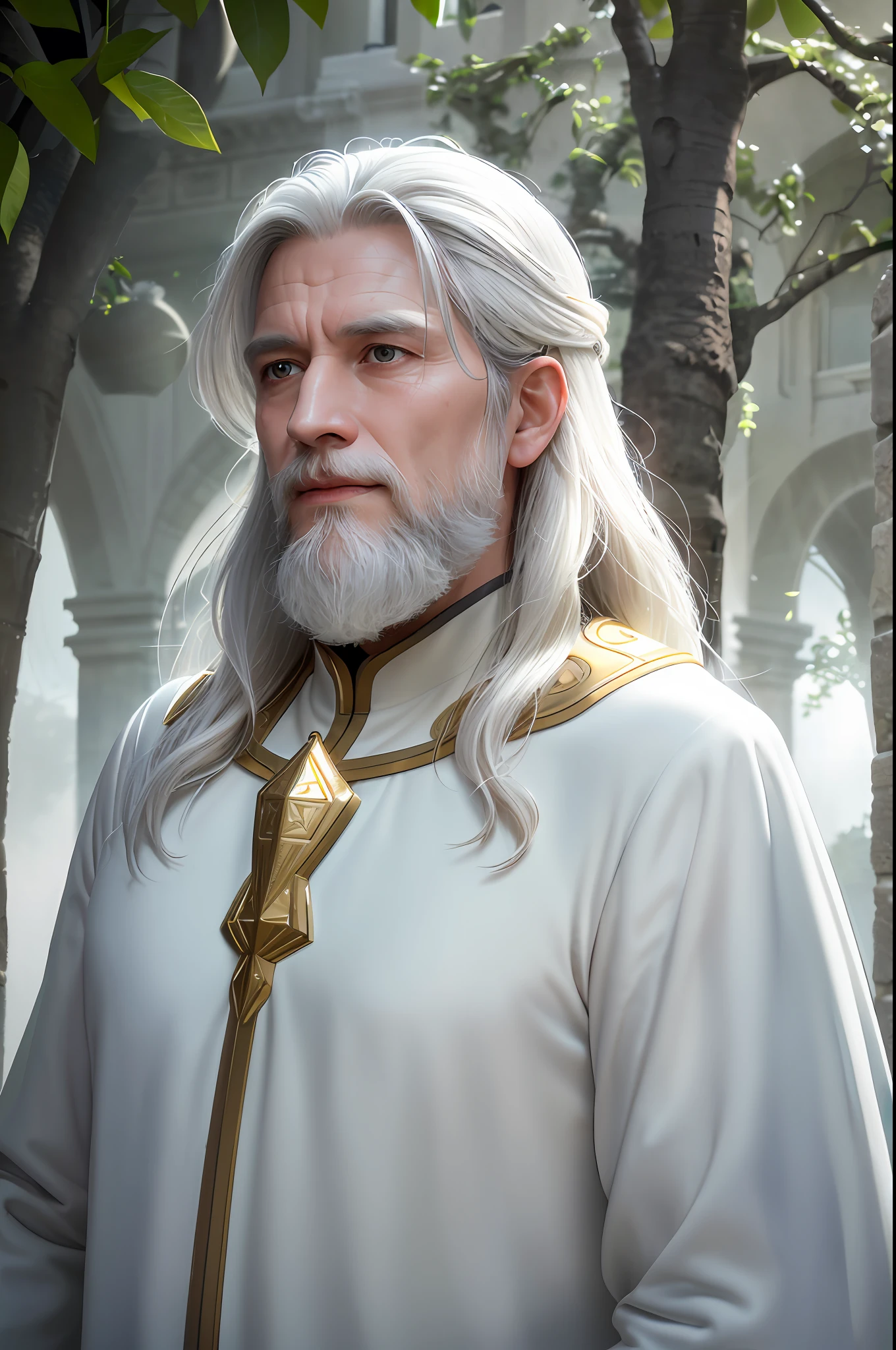 (8k, RAW photo, best quality, masterpiece:1.2), (realistic, photorealistic:1.37), ultra-detailed, (highly detailed skin:1.2), 8k uhd, dslr, soft lighting, high quality, film graininess, Fujifilm XT3, professional lighting, photon mapping, radiosity, physical rendering photo of a 56-year-old man, Caucasian, short beard, wizard, white wizard's shirt with golden details, white tunic moving in the wind, long white hair, fully dressed, perfect face, beautiful, concept art, detailed face and body, award-winning photography, detailed face, backlight, ultra-realistic, ray tracing, intense look, looking at the viewer, cinematic lighting, embers, fantasy, action pose, water splashes, mist, CRU photo, 8k uhd, film grain