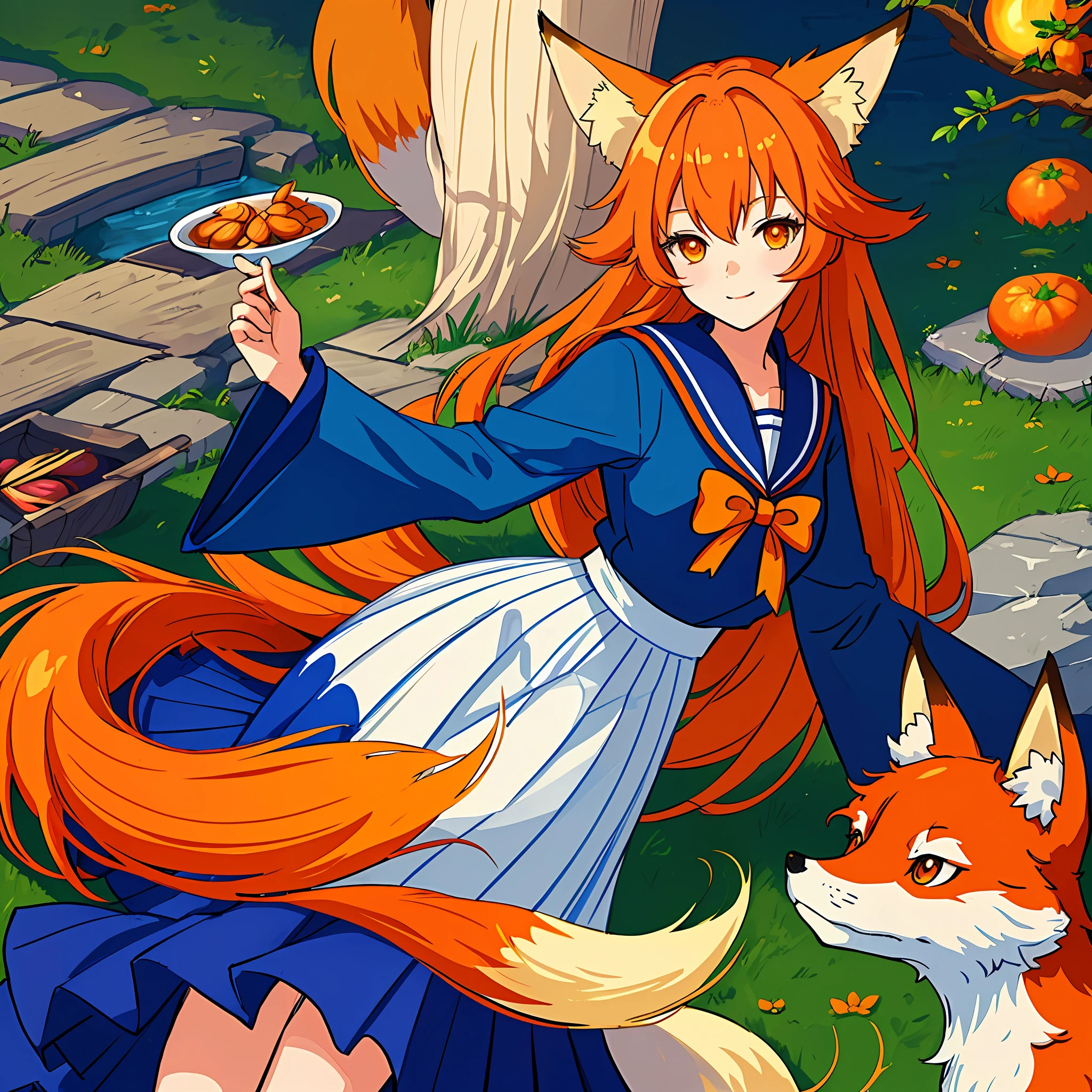 "(((masterpiece)))), high quality, incredibly detailed anime illustration with beautiful fox woman wearing long skirt and blue sailor blouse, vibrant orange hair and fox tail, sexy and charming!"