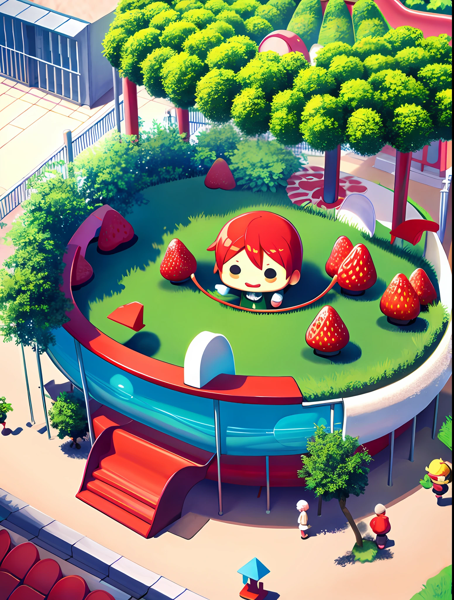 strawberry character, grassland, large playground equipment for children, park, cute, chibi anime