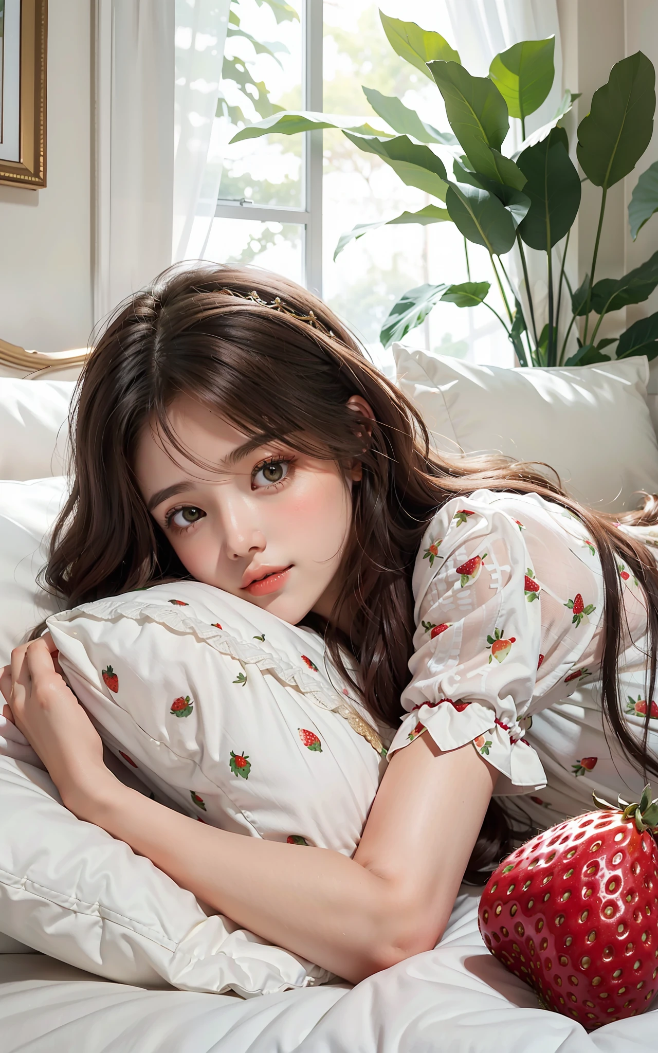 Girl with semi-long wavy brown hair, lying on her back hugging a pillow, in tender white pajamas and patterned strawberries, tender girl's scenery, emerald eyes,