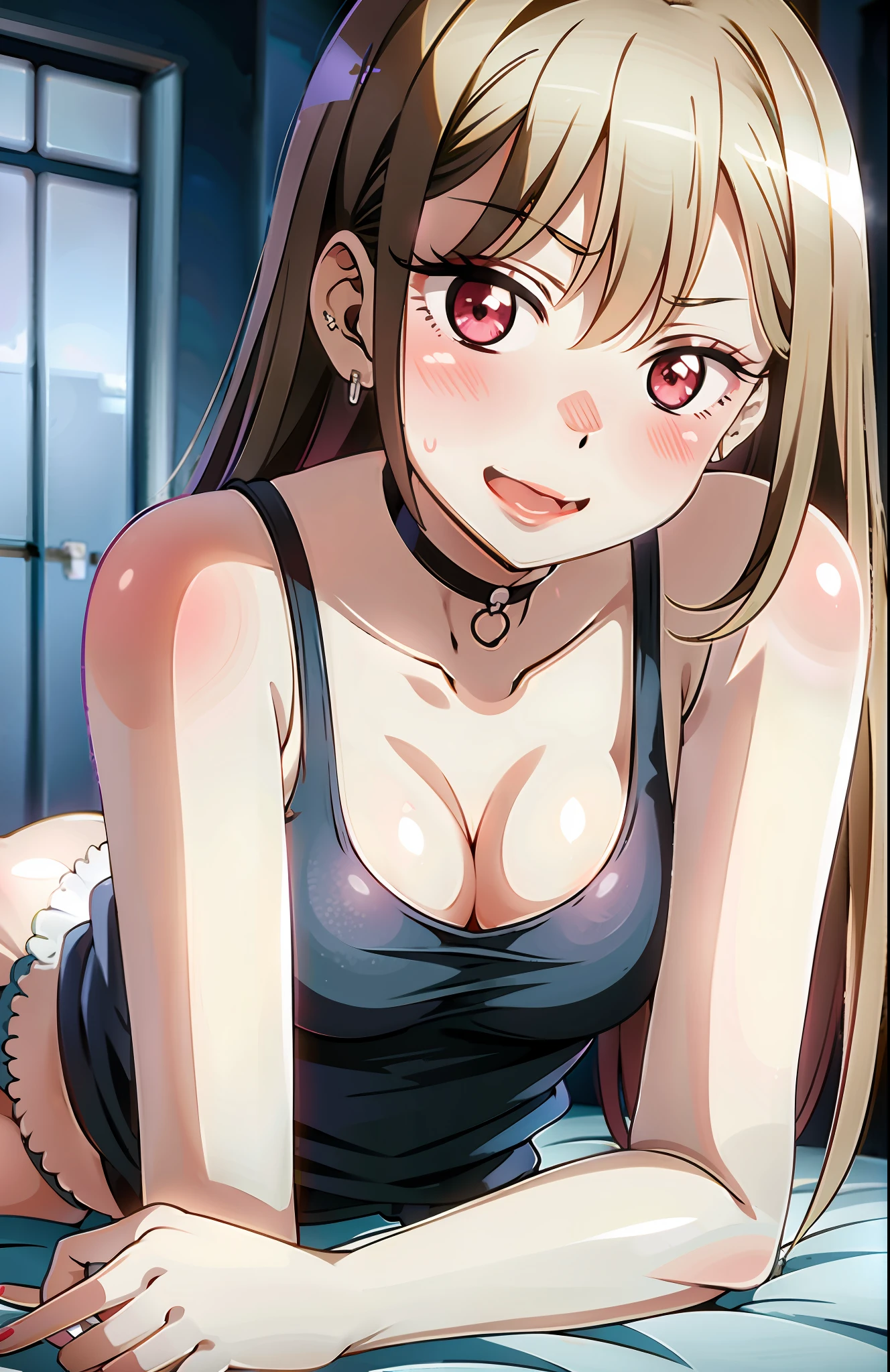 ((Tank top)), ((panties)), lying on bed, cleavage, (erotic pose:1.3), (smiling:0.7), (blushing face:1.4)