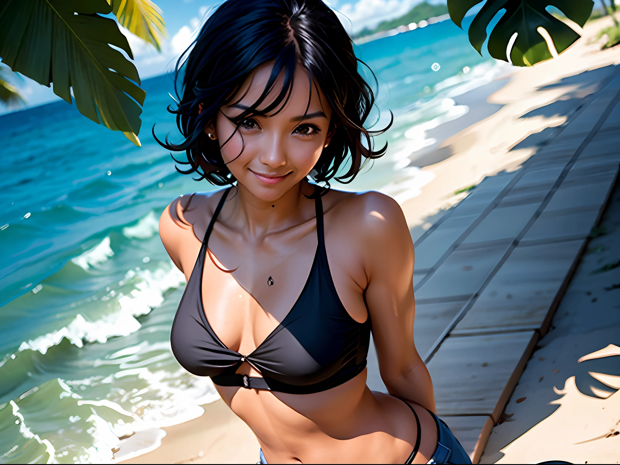 tanned skin,skiny,slim,bikini,short pants,double, delicate eyes, realistic drawing, glossy skin, sweat, looking at this, smile, black hair, sheer shirt, tropical country, sweat, summer, fun