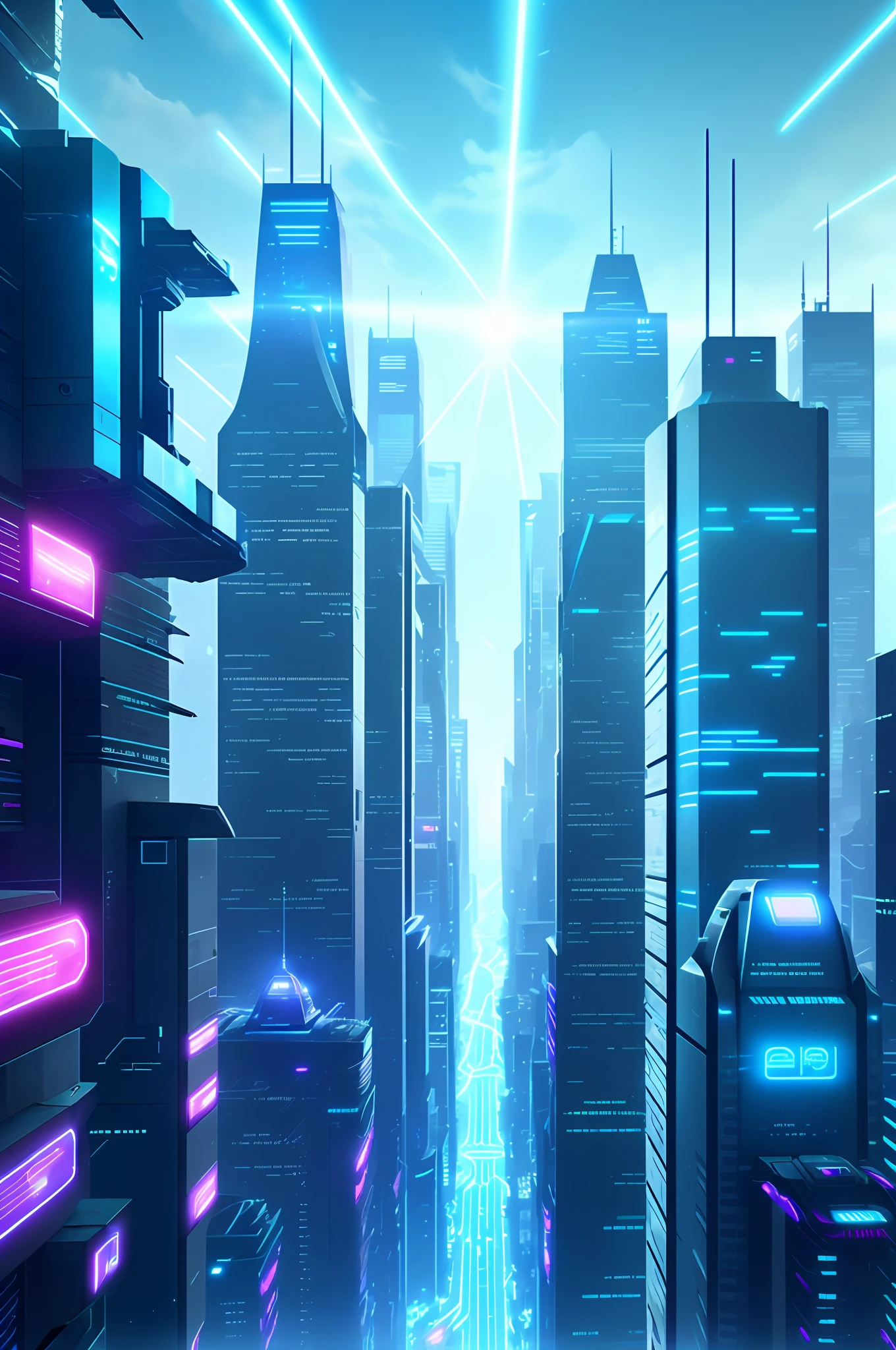 Artificial intelligence, Cyberspace, in a futuristic city (city of artificial intelligences), artificial intelligence codes, strong winged lights, with flying cars, firing with their futuristic weapon rays of neon blue lights,
