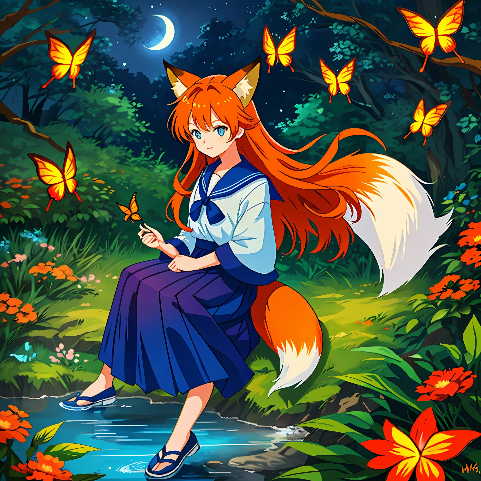fox woman, long skirt, blue sailor blouse, anime, orange hair, fox tail, forest at night, butterflies, flowers