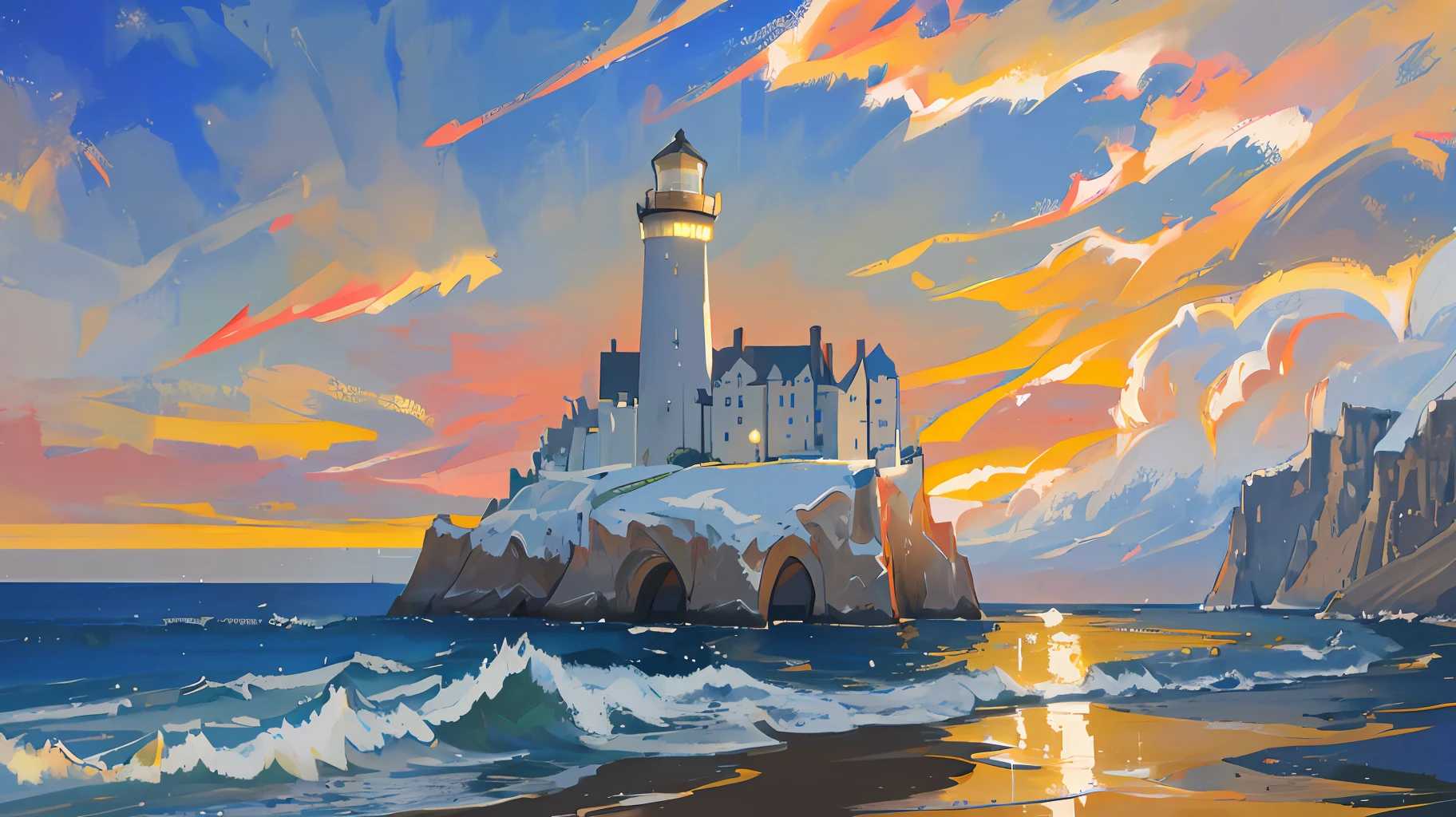An intricate oil painting of a single lighthouse built on The Cliffs at Etretat under the cloudy evening sky and over the dark blue sea with strong clear waves lapping the shore by Eugene Boudin, golden hour, scenery illustration, digital painting, trending on artstation., Expressionism, Monet, Impressionism, Post-Impressionism, depth of field, best quality, vivid colors, visible small brush strokes