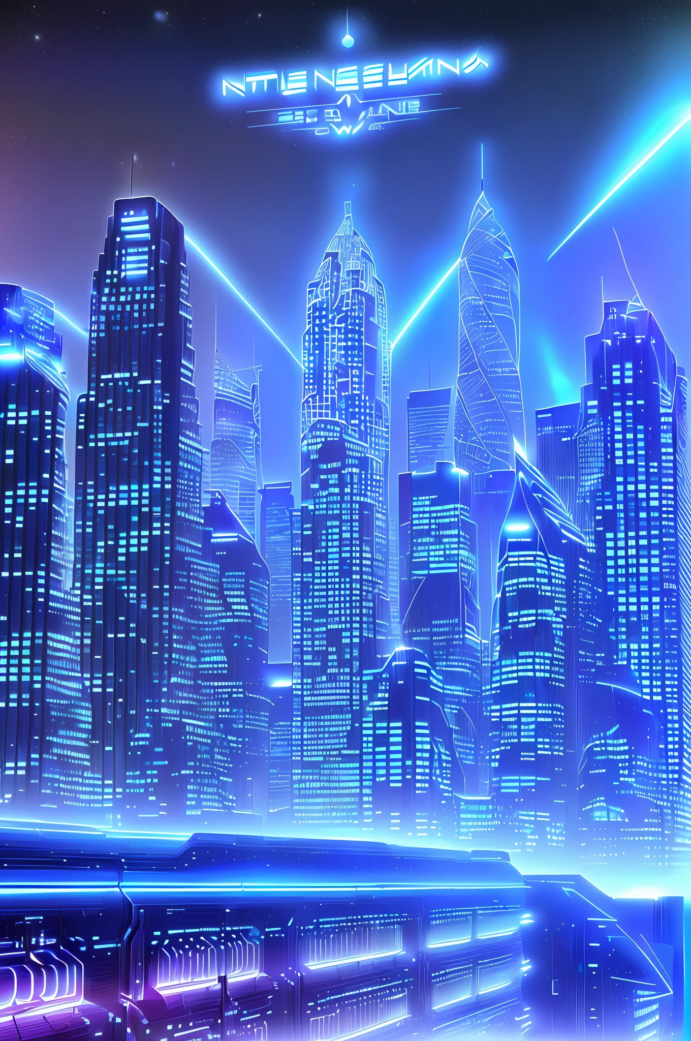 Artificial intelligence, Cyberspace, in a futuristic city (city of artificial intelligences), artificial intelligence codes, strong winged lights, with expensive flying colors in ne, color title, city name IA city, advertising style, sky with astrophotography