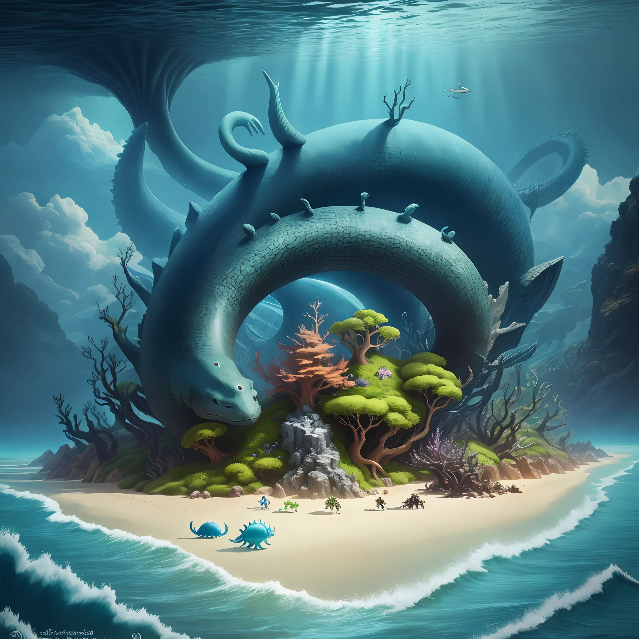 anthill with sea serpent, surrounded by creatures from the depths of the ocean in kingdom