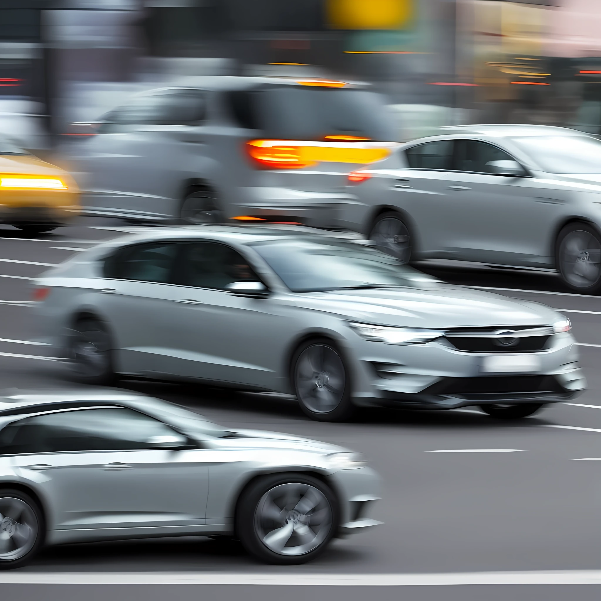 A car is driving on a busy street with a blurry background, digital paint. Motion blur. A person is inside the vehicle and shows an extresse facial expression. Highlight that person in the image.