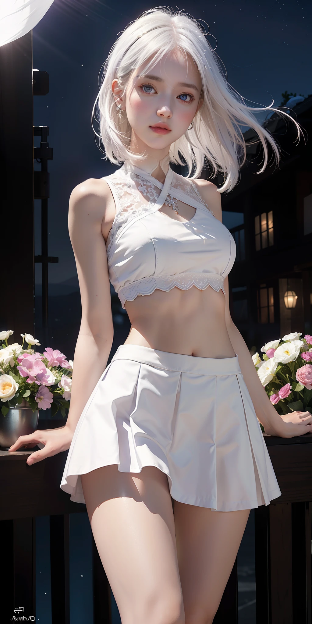Realistic, 1girl, white hair, purple eyes, glowing eyes, cropped top, skirt, parted lips, blush, night, flowers, sun, sunlight, white skirt, short skirt, medium length hair, real, warm colors, white short Dress, white clothes, light background color, day environment, bright color background, saudi, ocean, cute,
