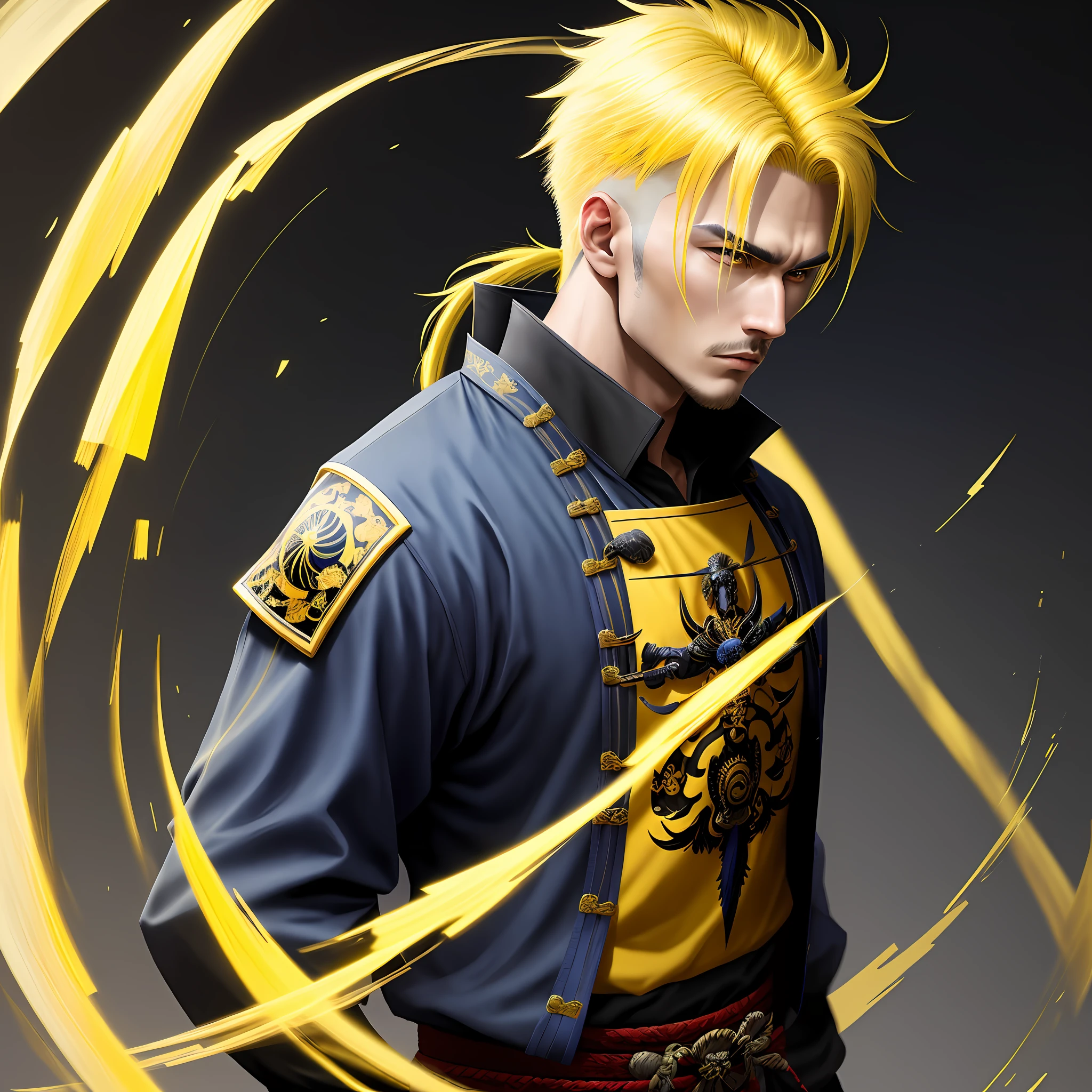 masterpiece, best quality, 1 Male, adult, Yellow hair with Dark Blue, Samurai, Symbolism, Art, Beautiful, Beautiful, Courage, Roup Dark Blue, Black, Yellow.