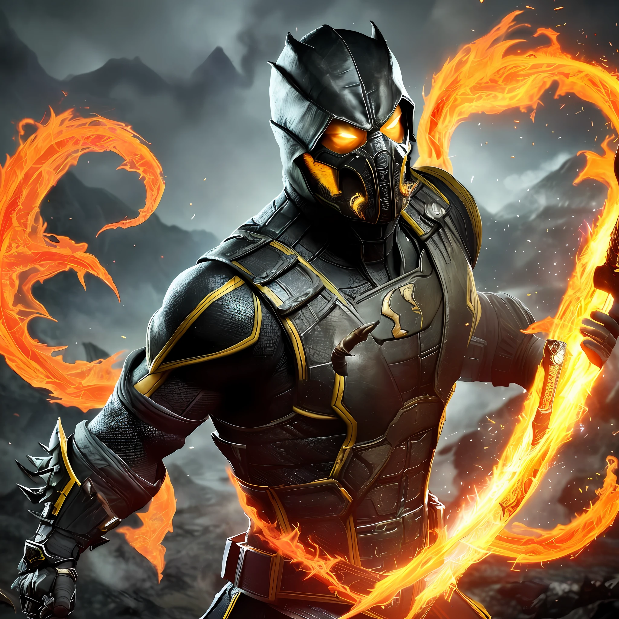 Portrait of Mortal Kombat's Scorpion. Scorpion's eyes glow with a menacing light. Black and yellow armor, ninja mask, harpoon. The scenery behind him is a smoky, fiery hell, with ash and smoke rising from the ground. Show me an ultra-detailed CG artwork of Scorpion