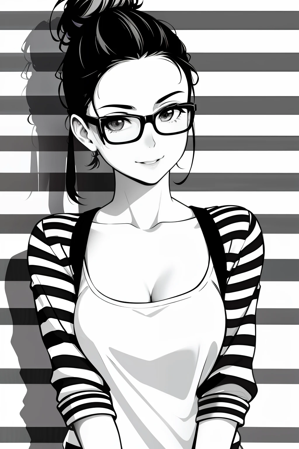 In the style of Mark Cameron, Pencil sketch illustration on a striped background, of a sassy young woman with her hair up in a messy bun, upturned corners closed lips smile on her face, wearing glasses, She is trying to hide a smile, Sassy expression on her face, bemused expression, head and upper torso portrait, include arms and hand, illustration style, one raised eyebrow