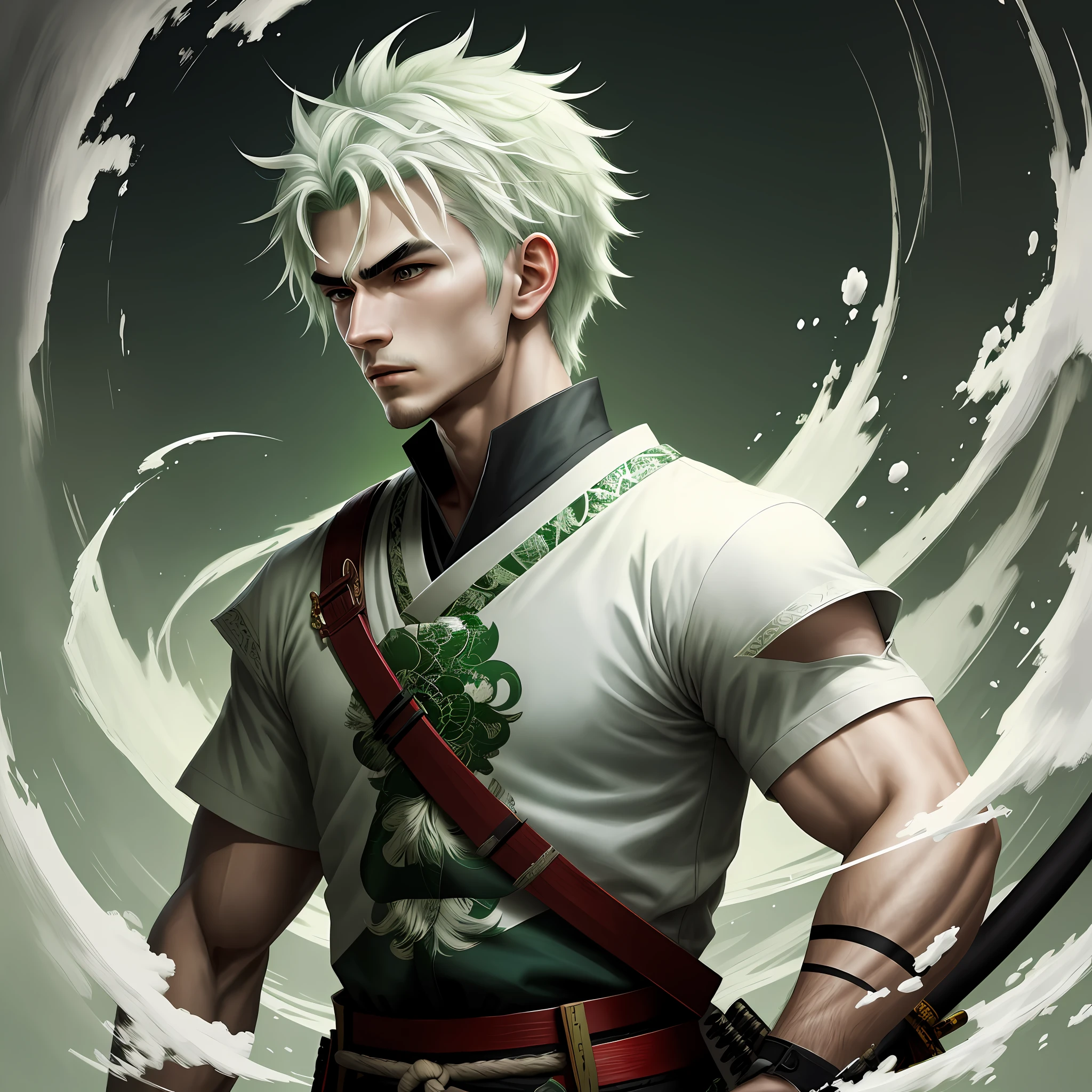 masterpiece, best quality, 1 male, child, green white hair, Samurai ,Symbolism,Art, Beautiful, Beautiful , Courage