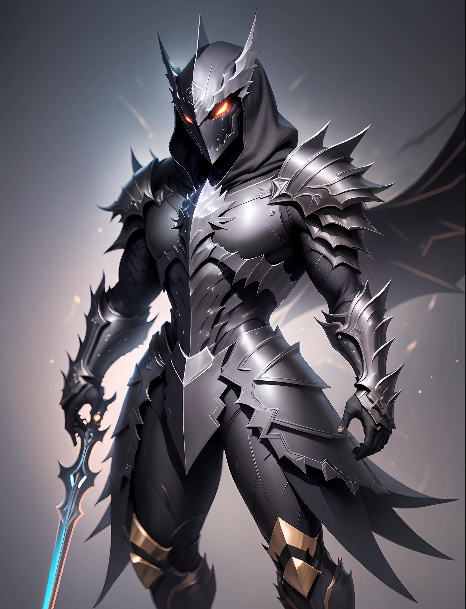 full body hyper realistic black rainbow hooded sharp ornate monster armor man suite, waring mask, full sharp armor, dark, night, extra details armor, Many details, front view, (night:2) empty background, front view, wide angle, ultra details, ultra resolution, ultra quality, unreal engine 5, cinematic lighting, depth of field, head out of frame, out of frame, feet out of frame, super detail, 16k, high quality, award winning, best quality, textured skin, high details, super detail