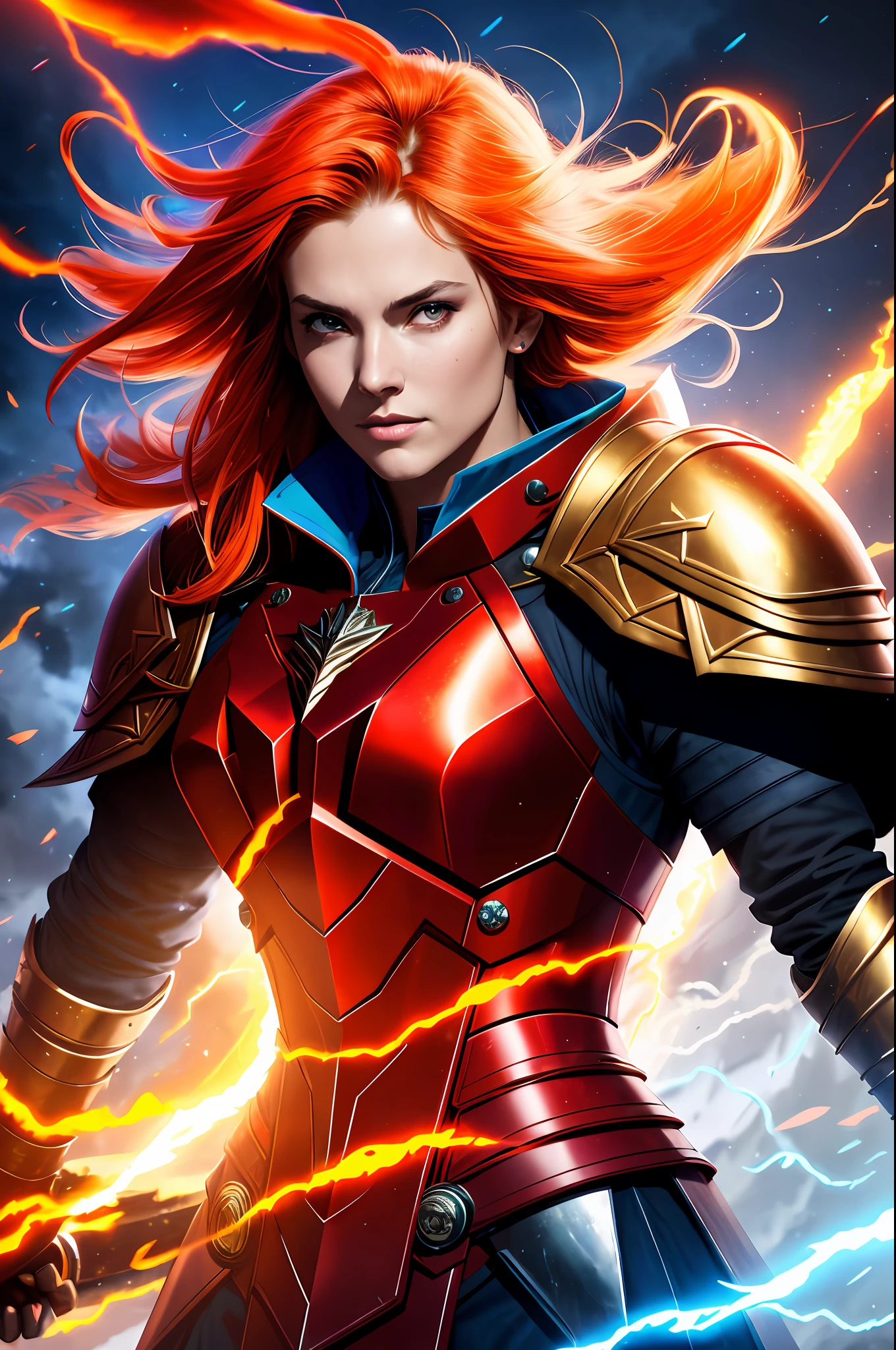 modelshoot style, woman wearing full armor, shoulder pads, red cloak, golden hair, viking, stylized beauty, lighting, by leonid afremov and michael whelan, angry, trending on artstation, turbulent clouds, glacier, studio ghibli, glowing magic runes, sparks, red-orange smoke, crystals, ((blue glow)), flames, ((Style-Psycho))