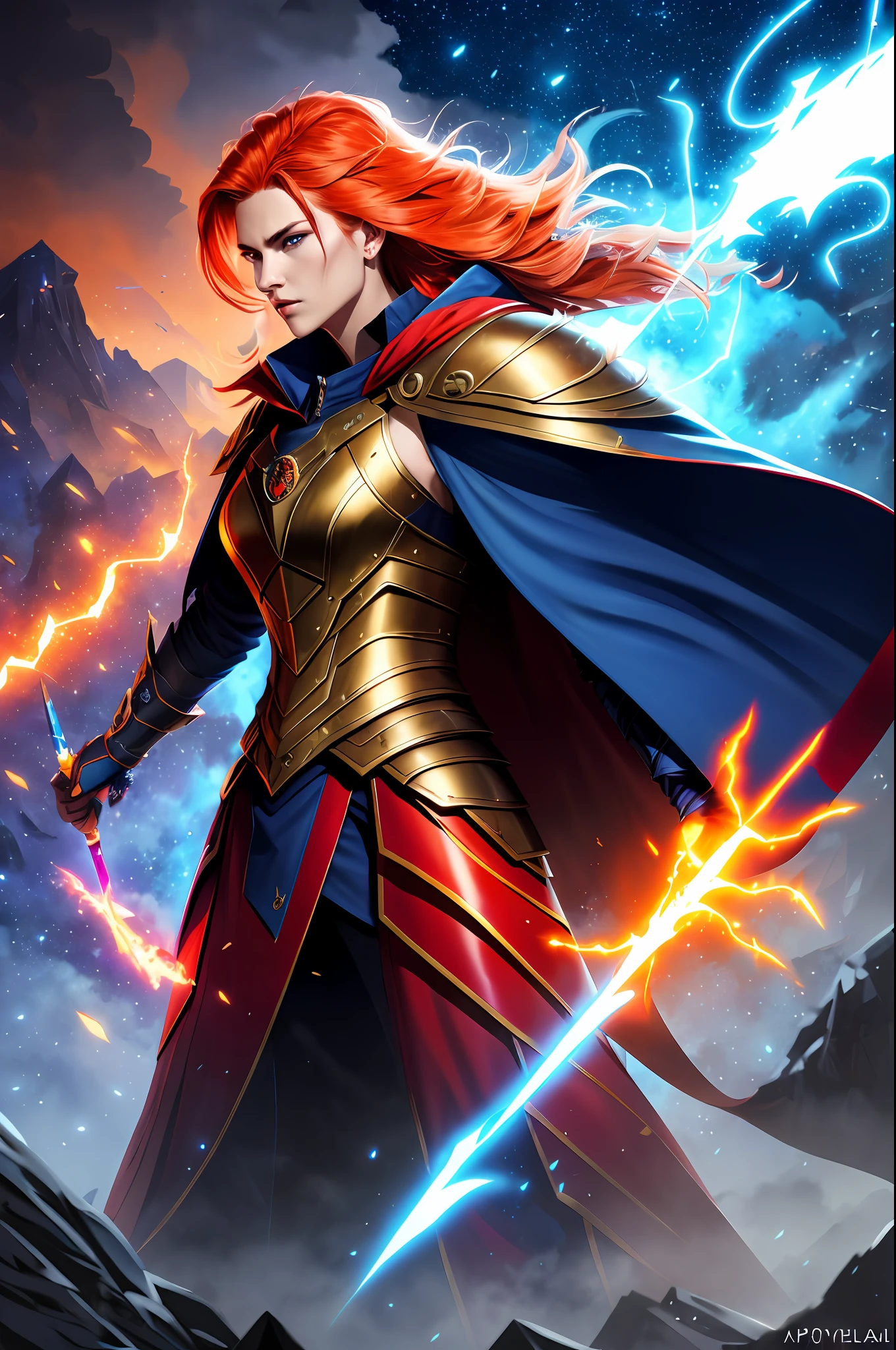 modelshoot style, woman wearing full armor, shoulder pads, red cloak, golden hair, viking, stylized beauty, lighting, by leonid afremov and michael whelan, angry, trending on artstation, turbulent clouds, glacier, studio ghibli, glowing magic runes, sparks, red-orange smoke, crystals, ((blue glow)), flames, ((Style-Psycho))