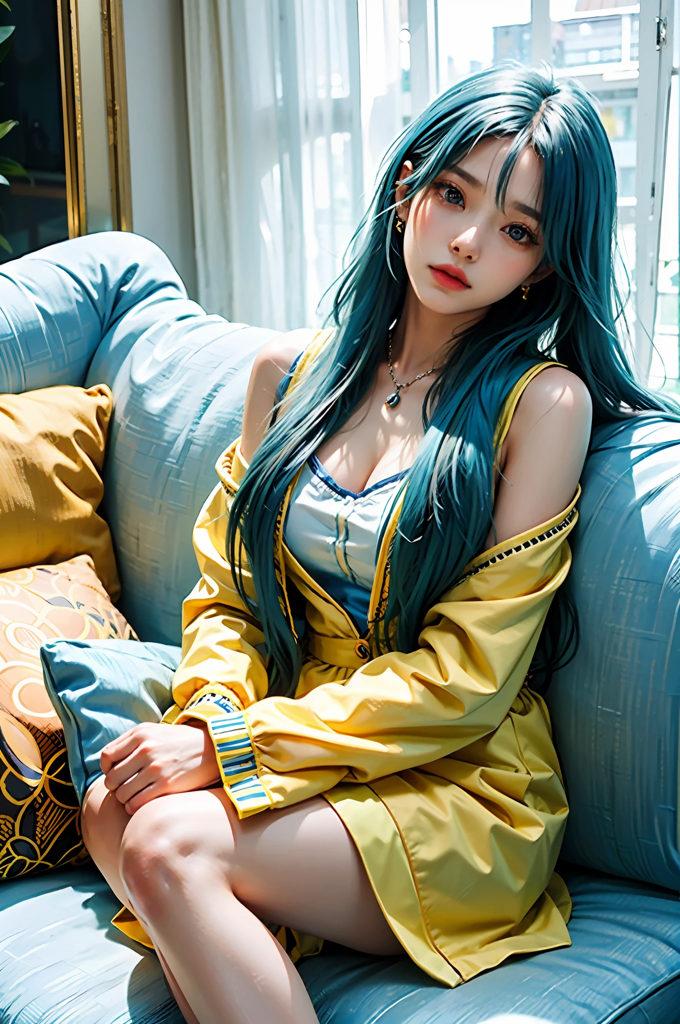 araffe woman with blue hair sitting on a couch with a yellow dress, long yellow hair, sakimichan, ulzzang, anime girl cosplay, long cyan hair, yellow hair, with teal clothes, with long turquoise hair, with white long hair, trending on cgstation, korean girl, dreamy cyberpunk girl, sakimichan frank franzzeta