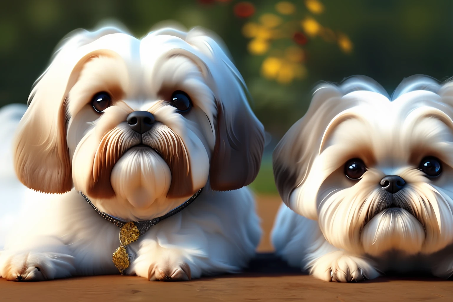 Two dogs, white cute Shih-tzu, photorealistic, 8k UHD,