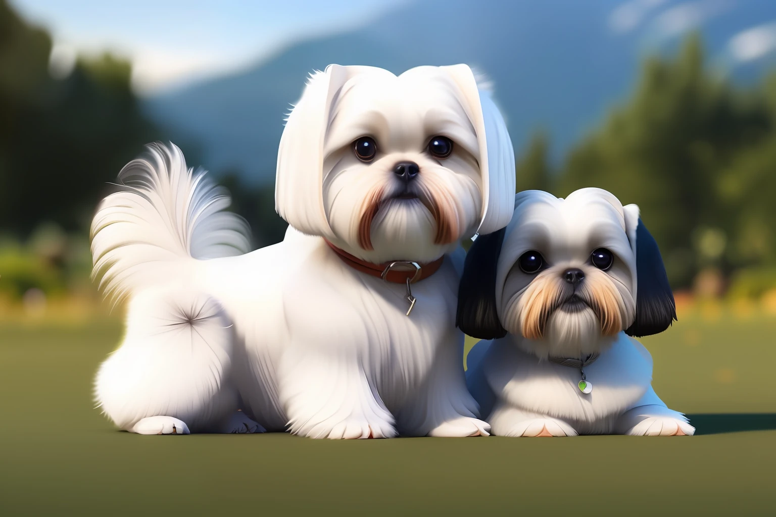 Two dogs, white cute Shih-tzu, photorealistic, 8k UHD,