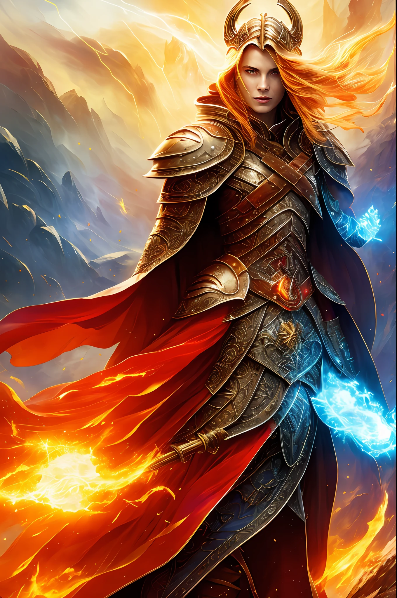 modelshoot style, woman wearing full armor, shoulder pads, red cloak, golden hair, viking, stylized beauty, lighting, by leonid afremov and michael whelan, angry, trending on artstation, turbulent clouds, glacier, studio ghibli, glowing magic runes, sparks, red-orange smoke, crystals, ((blue glow)), flames, ((Style-Psycho))