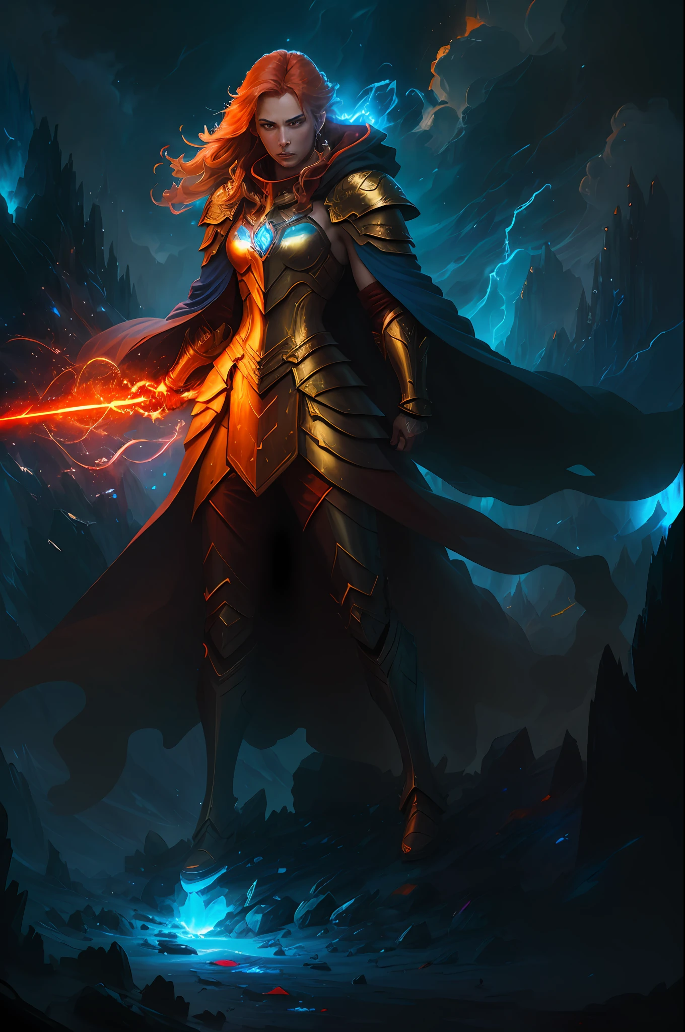 modelshoot style, woman wearing full armor, shoulder pads, red cloak, golden hair, viking, stylized beauty, lighting, by leonid afremov and michael whelan, angry, trending on artstation, turbulent clouds, glacier, studio ghibli, glowing magic runes, sparks, red-orange smoke, crystals, ((blue glow)), flames, ((Style-Psycho))