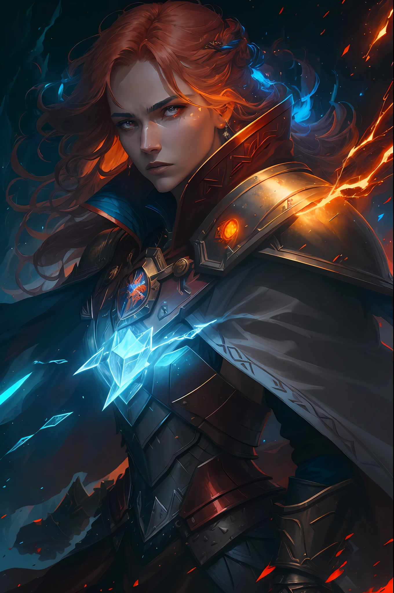 modelshoot style, woman wearing full armor, shoulder pads, red cloak, golden hair, viking, stylized beauty, lighting, by leonid afremov and michael whelan, angry, trending on artstation, turbulent clouds, glacier, studio ghibli, glowing magic runes, sparks, red-orange smoke, crystals, ((blue glow)), flames, ((Style-Psycho))