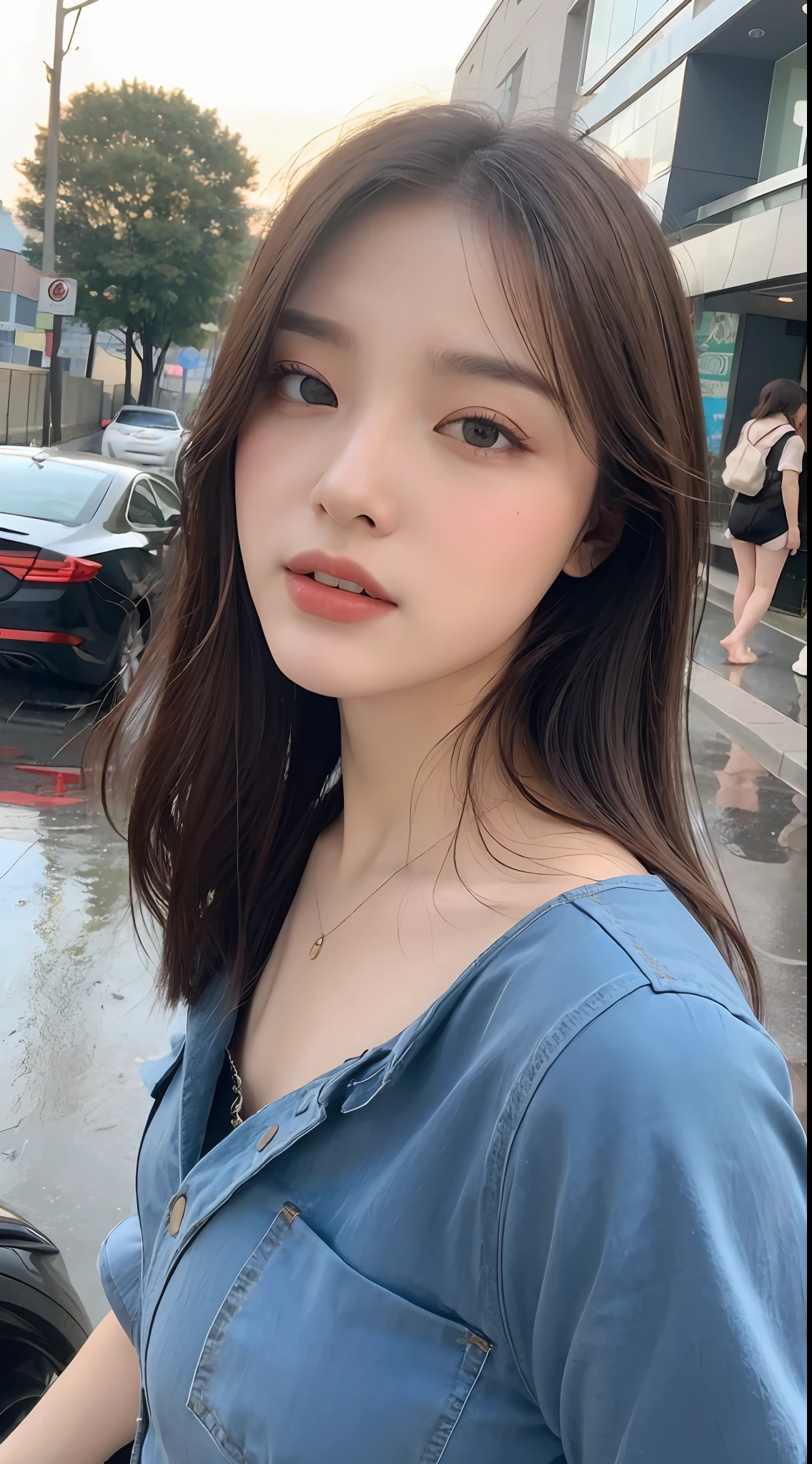 ((Best Quality, 8k, Masterpiece: 1.3)), Focus: 1.2, Perfect Body Beauty: 1.4, Buttocks: 1.2, (Layered Haircut: 1.2)), (Rain, Street:1.3), Highly detailed face and skin texture, Fine eyes, Double eyelids, Whitening skin, Long hair, (Round face: 1.5), sweet_lolita