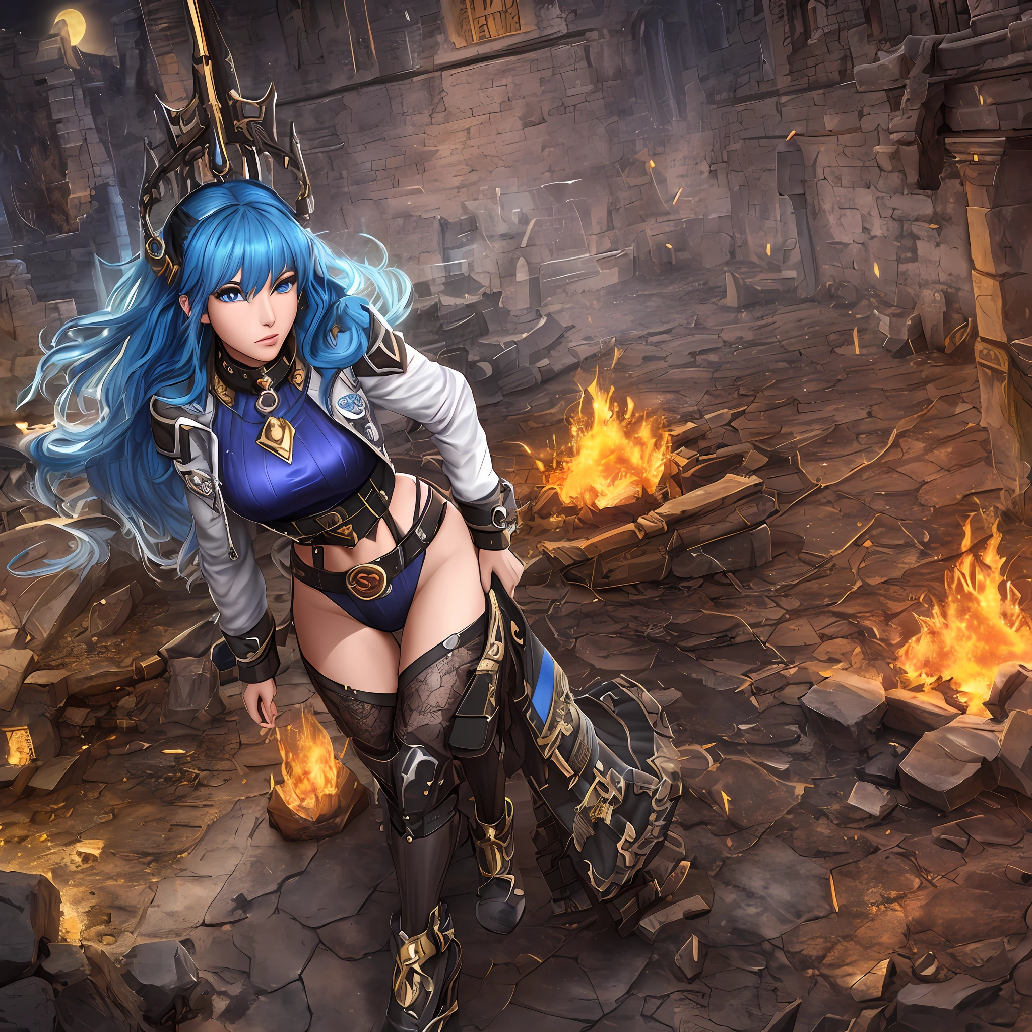 extremely detailed beautiful Gabrielle Garcia, full body length, some scars on her perfect face, hair cascading in loose waves up to her small waist, an impressive 30-year-old realistic photograph, fire-colored blue hair, blue eyes, extremely detailed unzipped, biker outfit, high heels, she is in the ancient necripolis town of Stratholme located in the desolate and haunted land contaminated by plague and war, where decay and darkness reign, imposing posture, metal details on jacket, cut, witchblade references, full moon, sister of battle elements, UFO lights in the sky, facehuger walking nearby, some chaos in the environment, hyperdetailed, octane render, shadow and light active, lighting bar, complex, resolution 8k hypereallistic cover photo erte .12k, intricate. definition of hit, maximum detail, extreme cinematicism, mixture of bold dark lines and loose lines,{{{{Whole body}}}}.