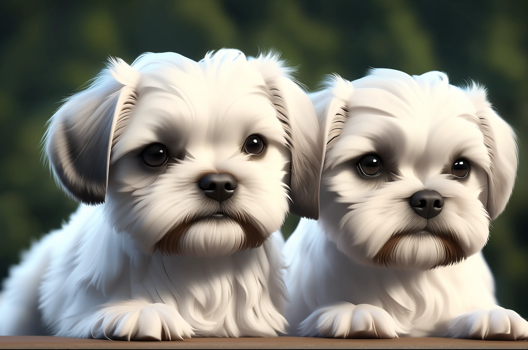 Two dogs, white cute Shih-tzu, photorealistic, 8k UHD,