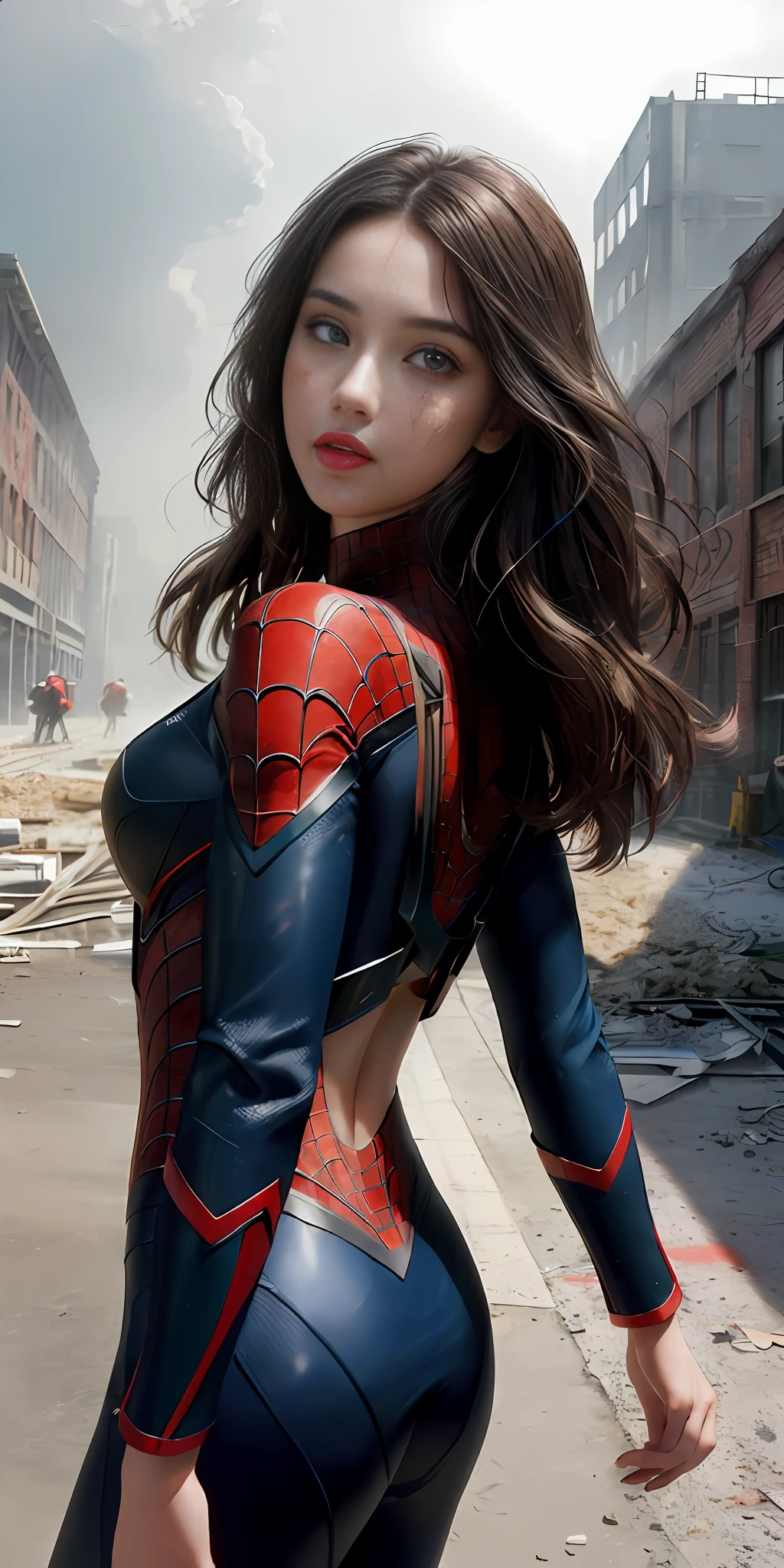 (1girl:1.3), solo, (((extremely detailed face))),(((extremely detailed eyes and face))),beautiful detailed eyes,body-parts__, official art, unified 8k wallpaper, super detailed, beautiful and aesthetic, beautiful, masterpiece, best quality, raw, masterpiece, super fine photo, best quality, super high resolution, photorealistic realism, sunlight, full body portrait, amazing beauty,, dynamic pose, delicate face, vibrant eyes, (from the front), she is wearing a Spider-man suit, red and black color scheme, spider, very detailed abandoned warehouse background, Detailed face, detailed complex busy background, messy, gorgeous, milky white, highly detailed skin, realistic skin details, visible pores, sharp focus, volumetric fog, 8k uhd, DSLR, high quality, film grain, fair skin, photo realism, lomography, huge metropolis in future dystopia, seen from below, translucent