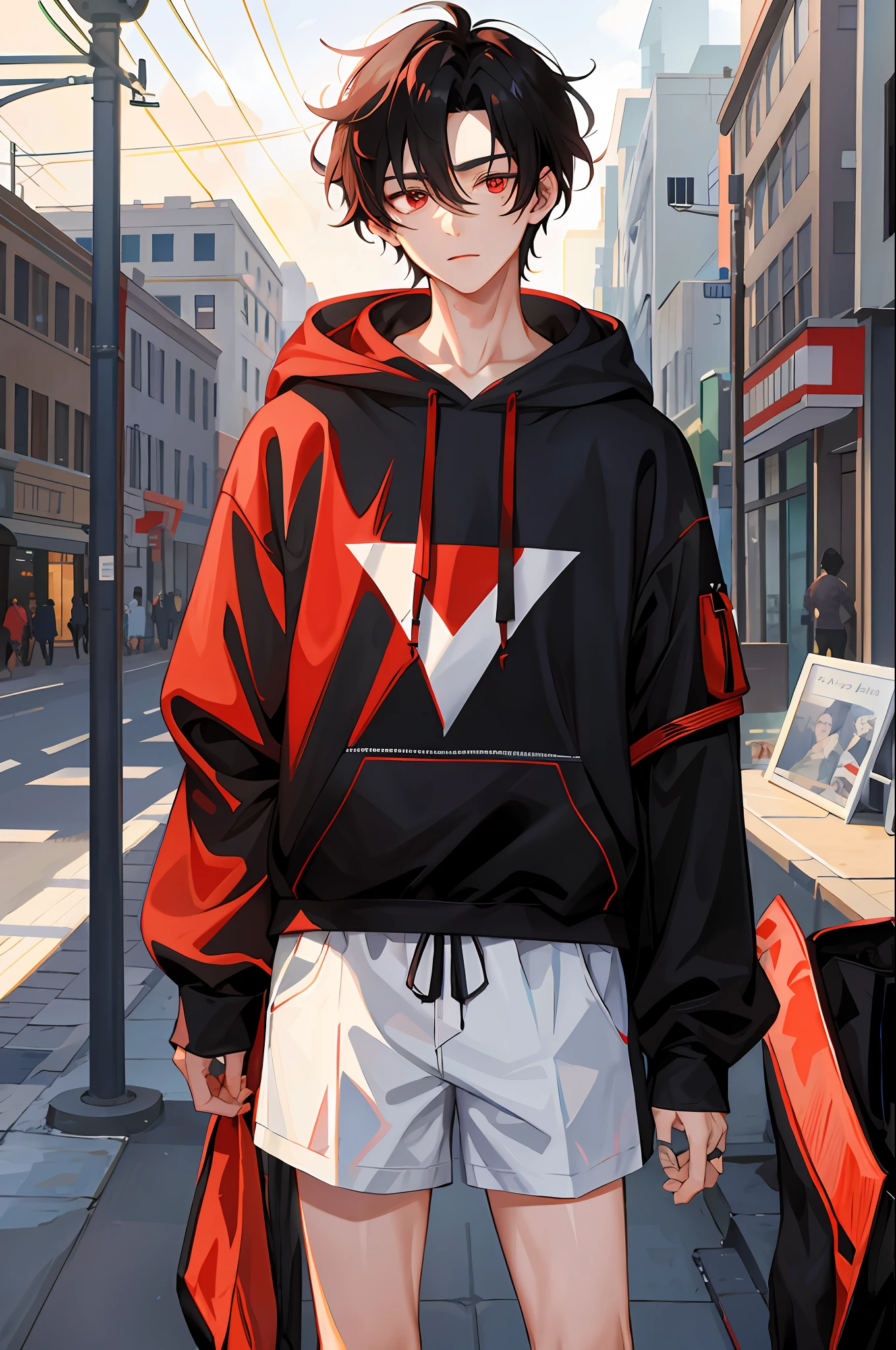 1 boy, handsome boy, black hair, comma hair, forehead comma hair, korean hair, street style, hoodie, white background, shiny, Red eyes, looking at viewer, upper body