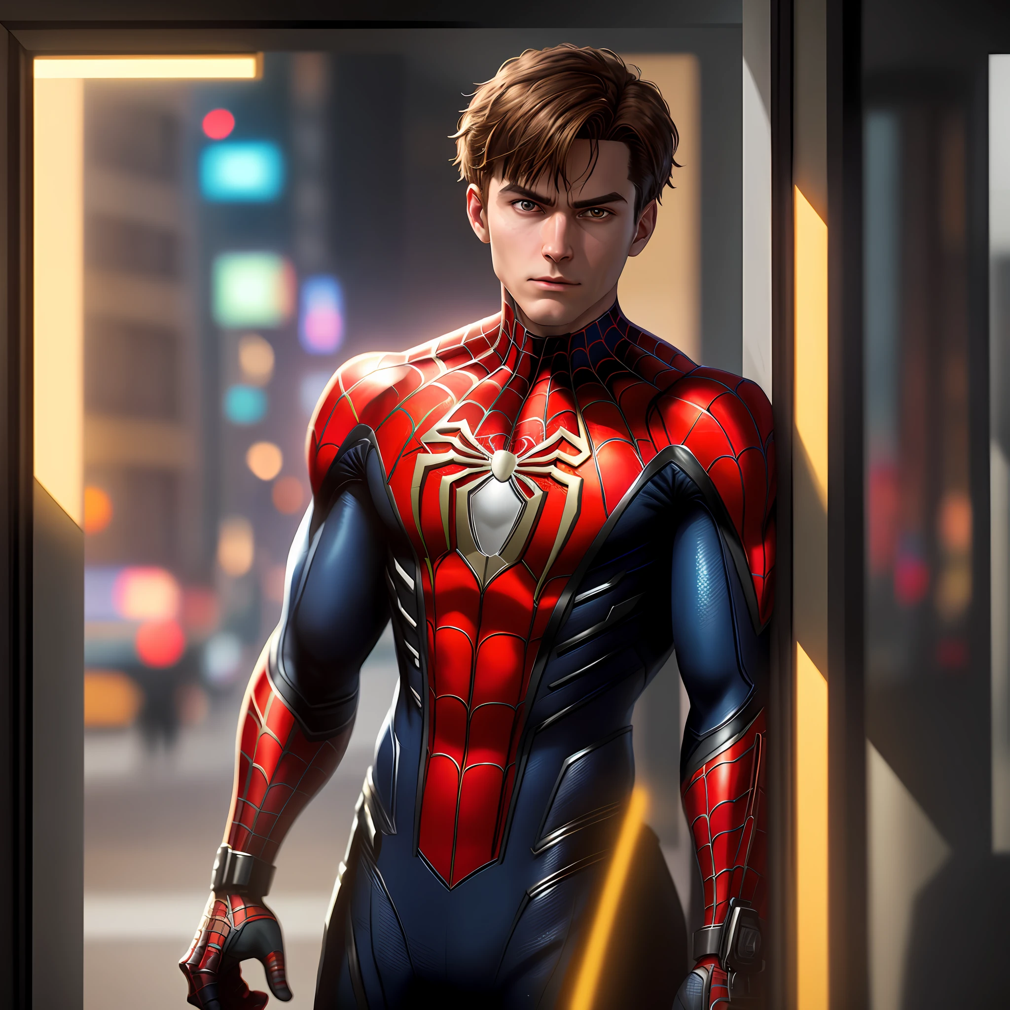 Spider-Man, Cyberpunk, Golden 8k., brown hair, Anime, Realism, Post-Impressionism, Hyperrealism, Pixar, backlighting, framed, cropped, Eye-Level Shot, f/16, Sony FE, UHD, super detail, high details, high quality, award winning, best quality, highres, 4K