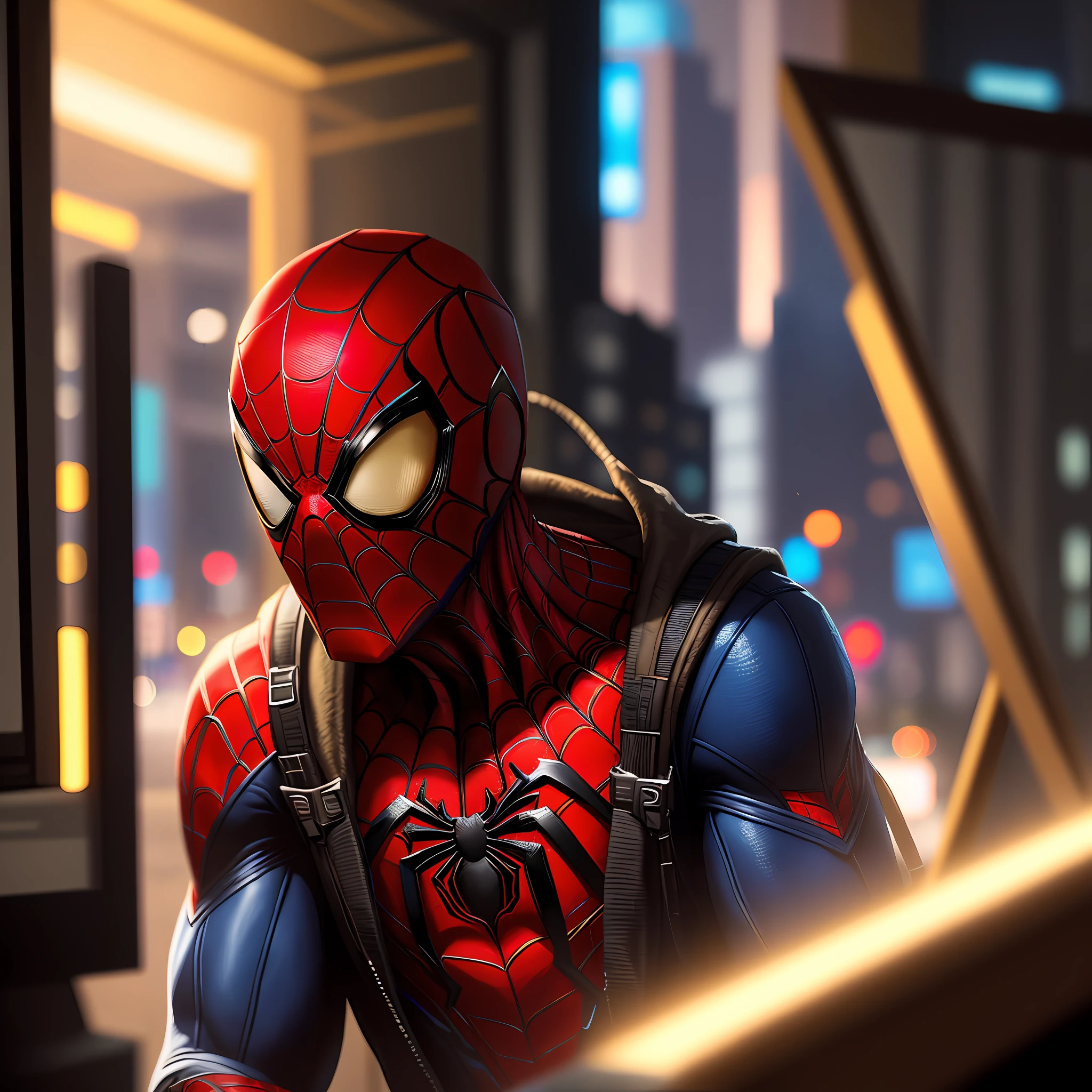 Spider-Man, Cyberpunk, Golden 8k., brown hair, Anime, mask, Realism, Post-Impressionism, Hyperrealism, Pixar, backlighting, framed, cropped, Eye-Level Shot, f/16, Sony FE, UHD, super detail, high details, high quality, award winning, best quality, highres, 4K