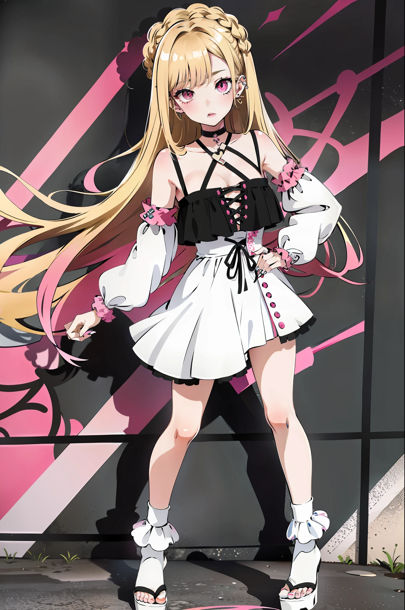1girl, Marin Kitagawa, long hair, blonde hair, pink eyes, piercing, earrings, ear piercing, stud earrings, black choker, bead bracelet, wrist scrunchie, long fingernails, gyaru, shy, white toe socks, clogs,, (masterpiece:1.2), highres, best quality, 8k, very clear, kitagawa marin,